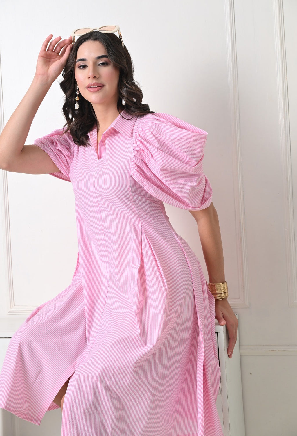 Pink Striped Puff Sleeve Dress