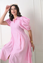 Pink Striped Puff Sleeve Dress