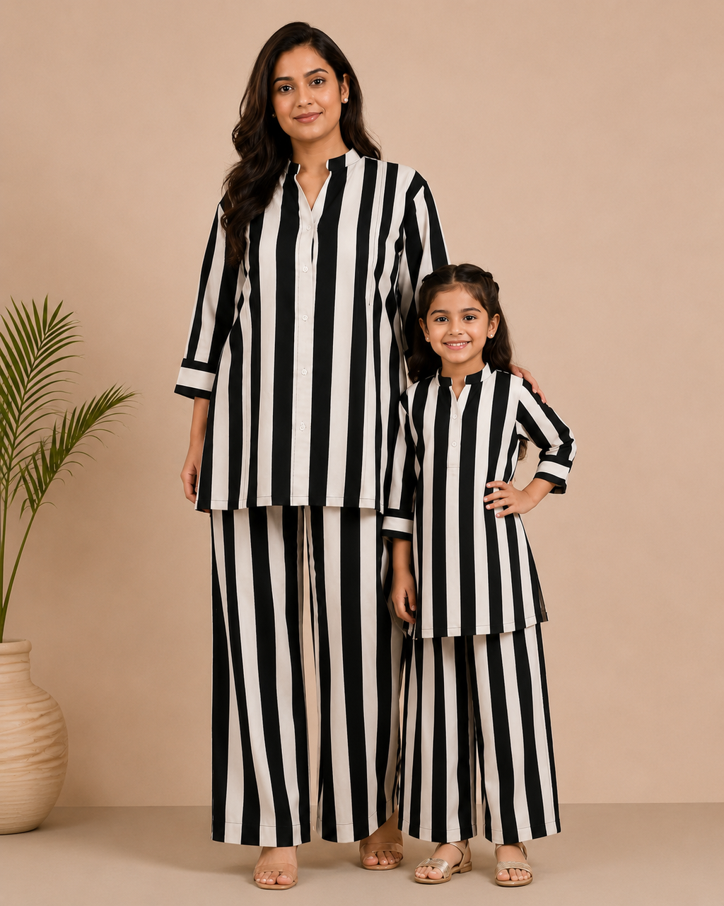 Mother-Daughter Matching Cotton Co-ord Set– Black & White Stripes