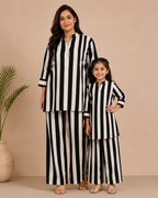 Mother-Daughter Matching Cotton Co-ord Set– Black & White Stripes