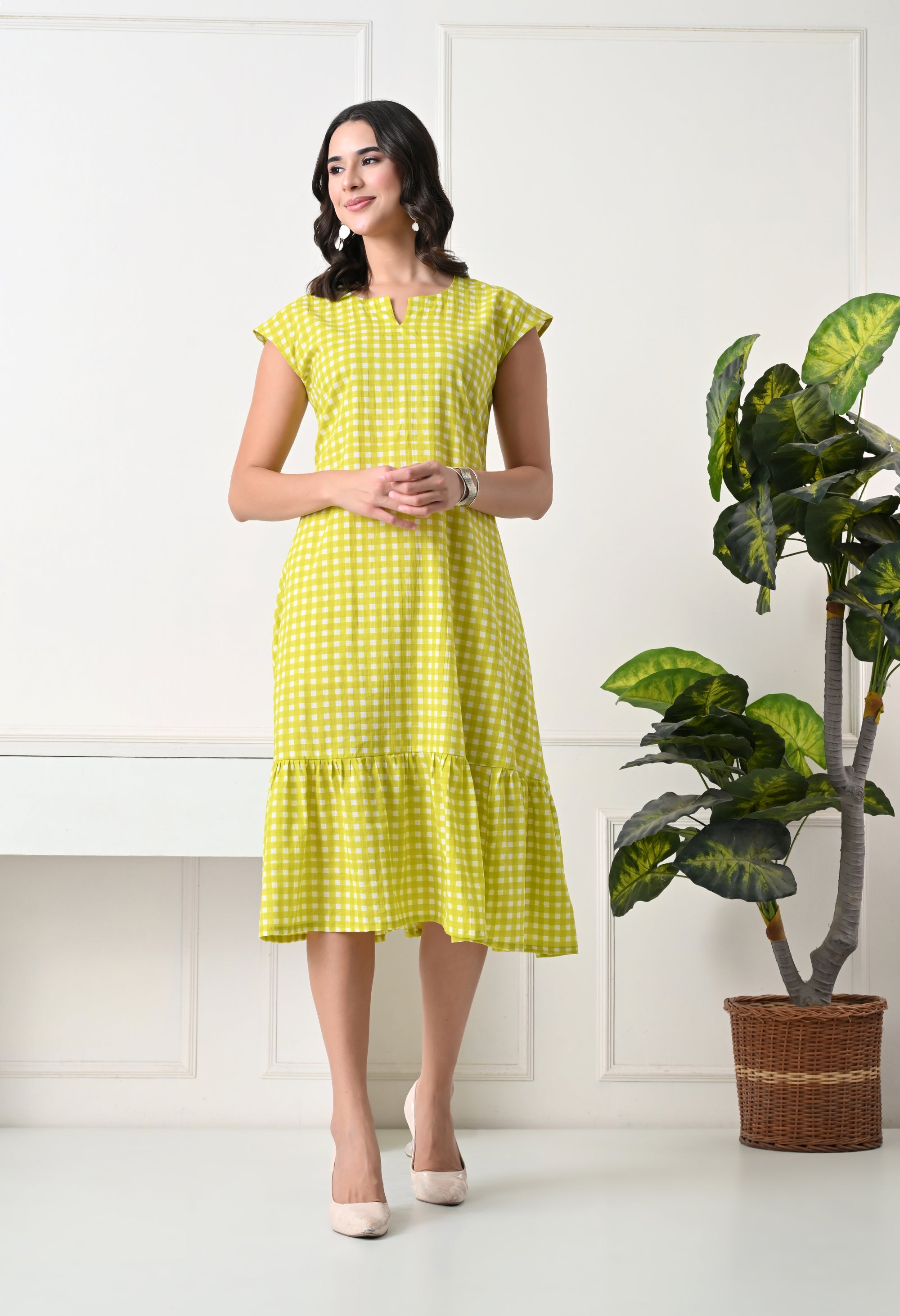 Lime Green Checked Midi Dress