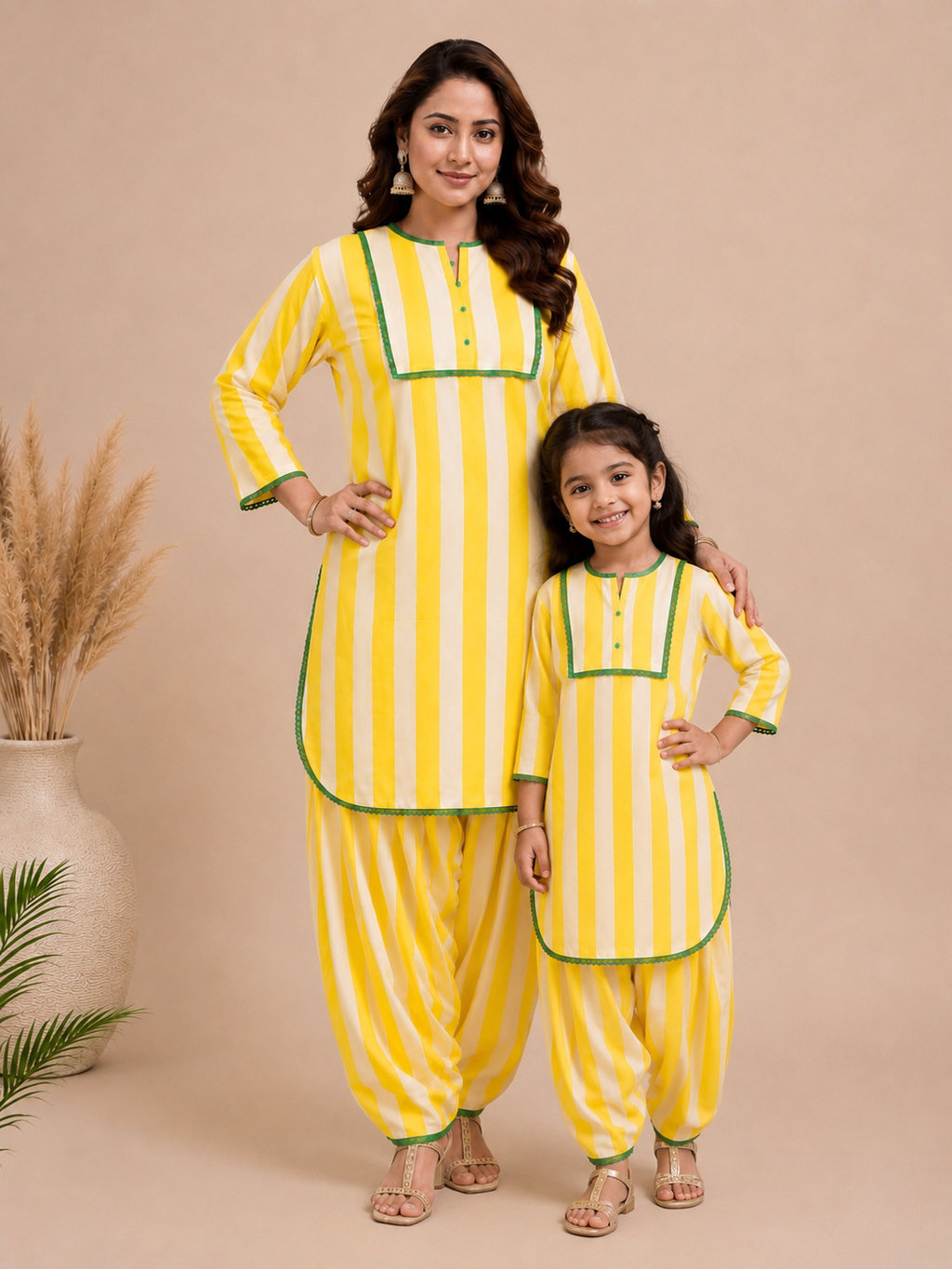 Mother-Daughter Matching Cotton Kurta Set with Farshi Salwar – lemon Yellow Stripes