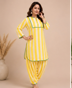 Mother-Daughter Matching Cotton Kurta Set with Farshi Salwar – lemon Yellow Stripes