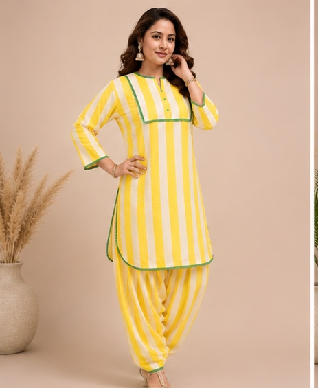Mother-Daughter Matching Cotton Kurta Set with Farshi Salwar – lemon Yellow Stripes