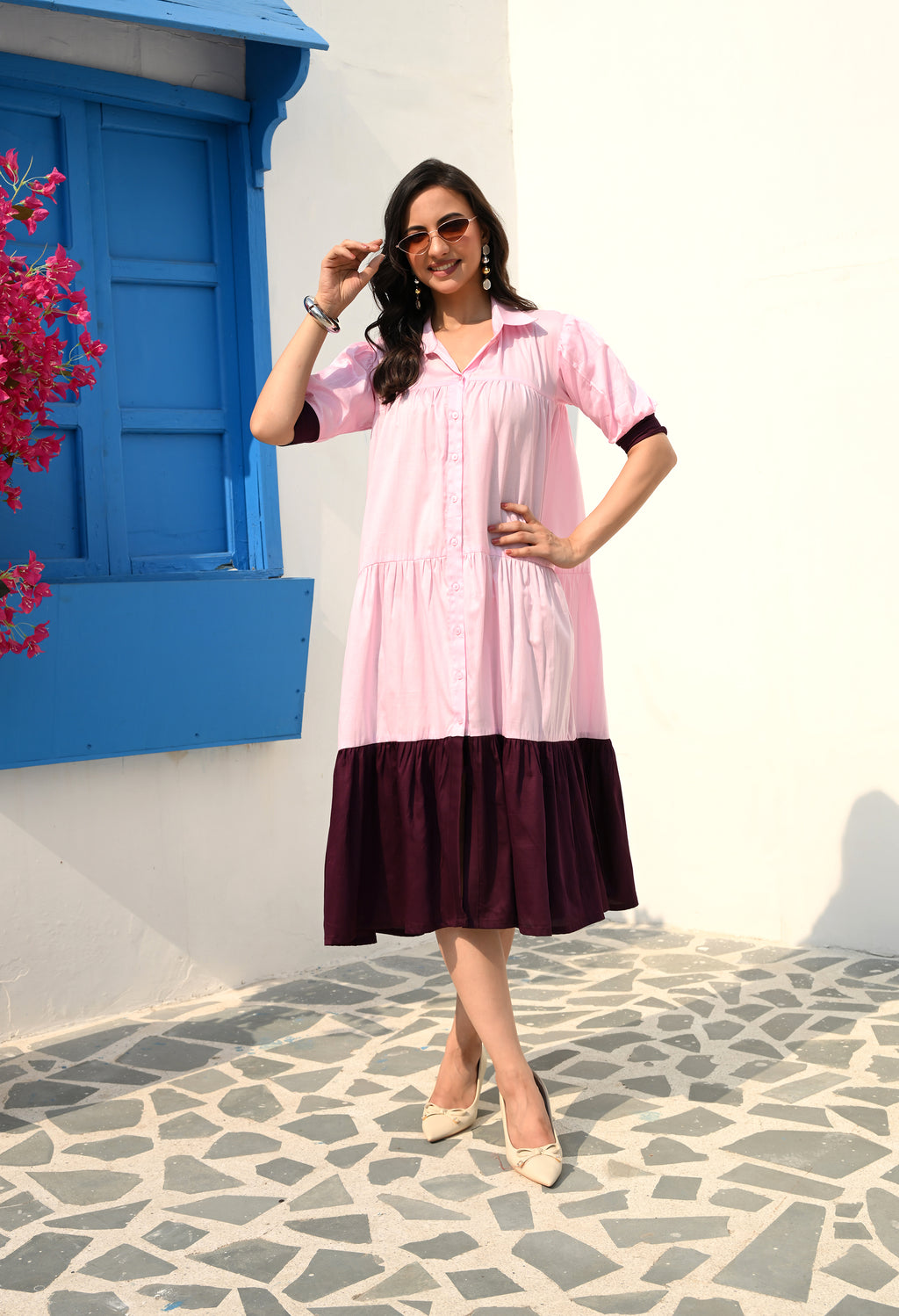 Blush Pink Tiered Midi Dress