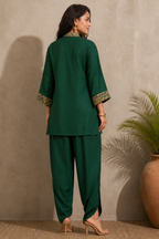 Emerald handwork on neck and hand Green Indo-Western Kurta Set