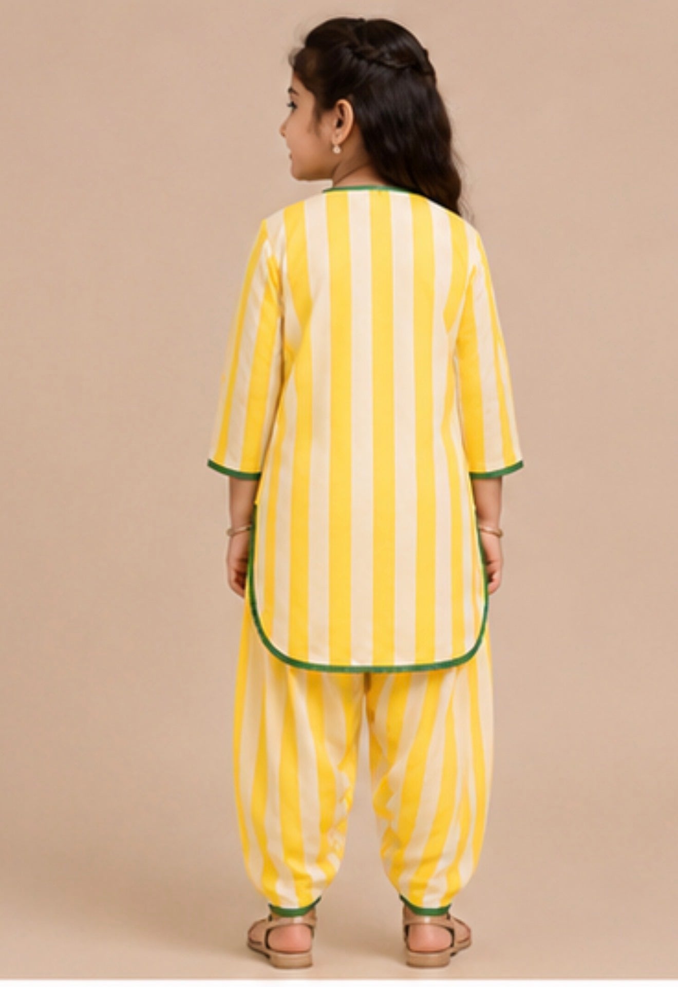 Mother-Daughter Matching Cotton Kurta Set with Farshi Salwar – lemon Yellow Stripes