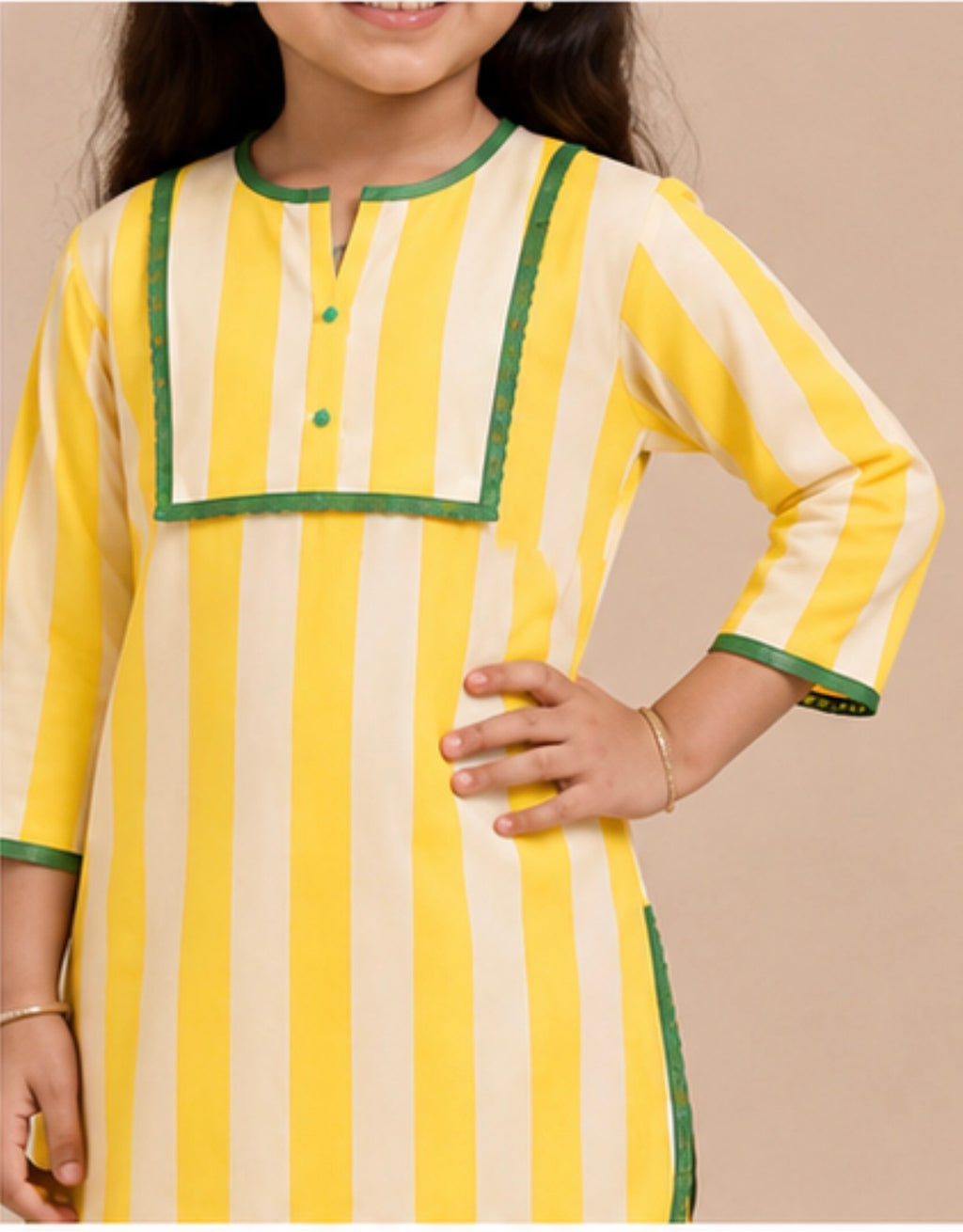 Mother-Daughter Matching Cotton Kurta Set with Farshi Salwar – lemon Yellow Stripes