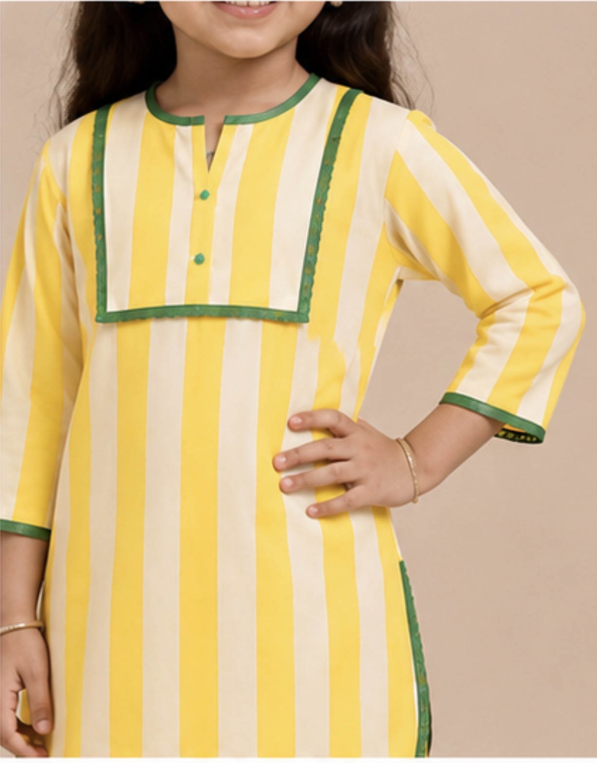 Mother-Daughter Matching Cotton Kurta Set with Farshi Salwar – lemon Yellow Stripes