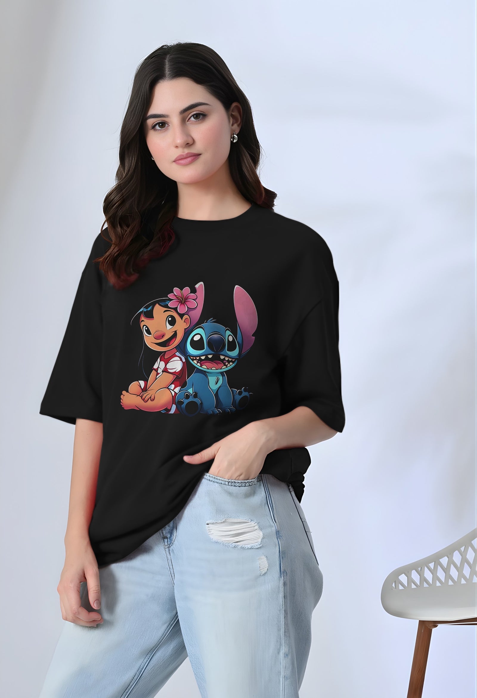 Lilo & Stitch Cute Oversized Black T-Shirt