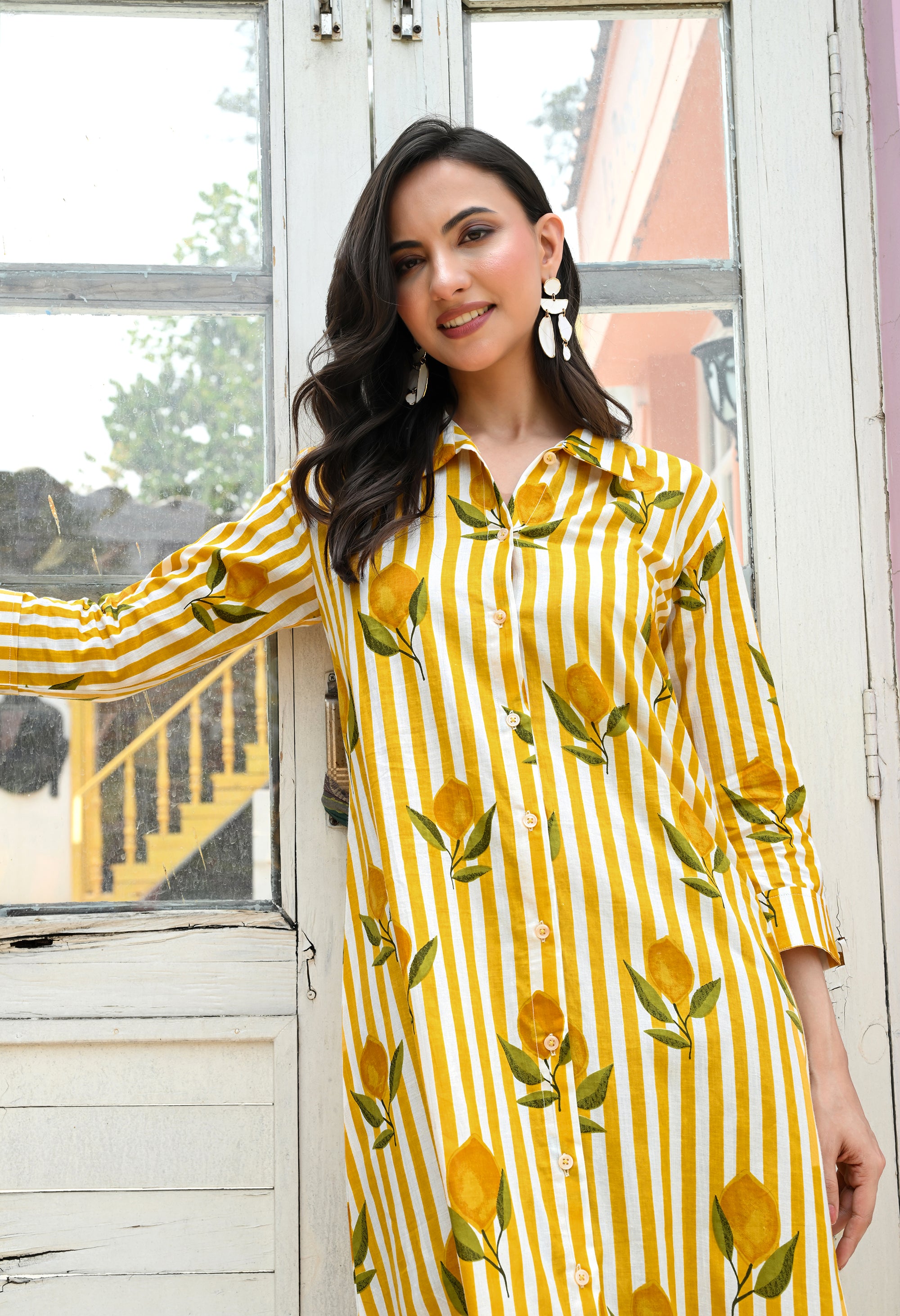 Lemon Strip Print Shirt Dress