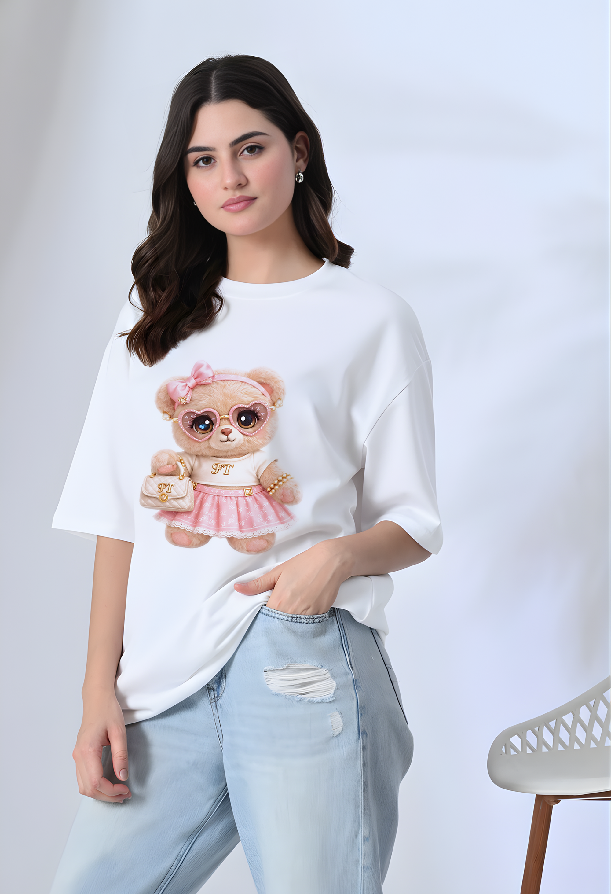 Cute Teddy White Oversized Tee