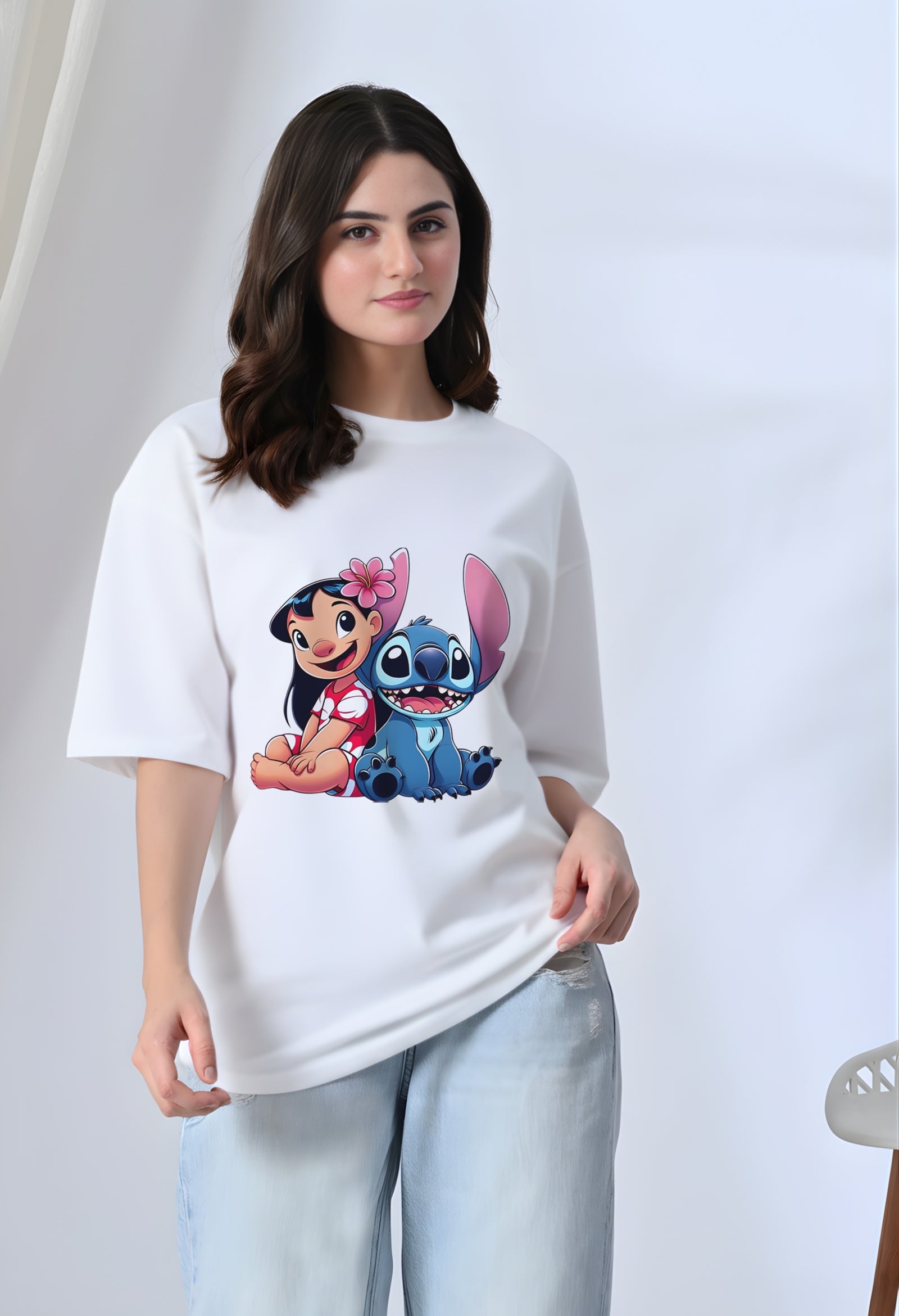 Lilo & Stitch Cute Oversized White T-Shirt