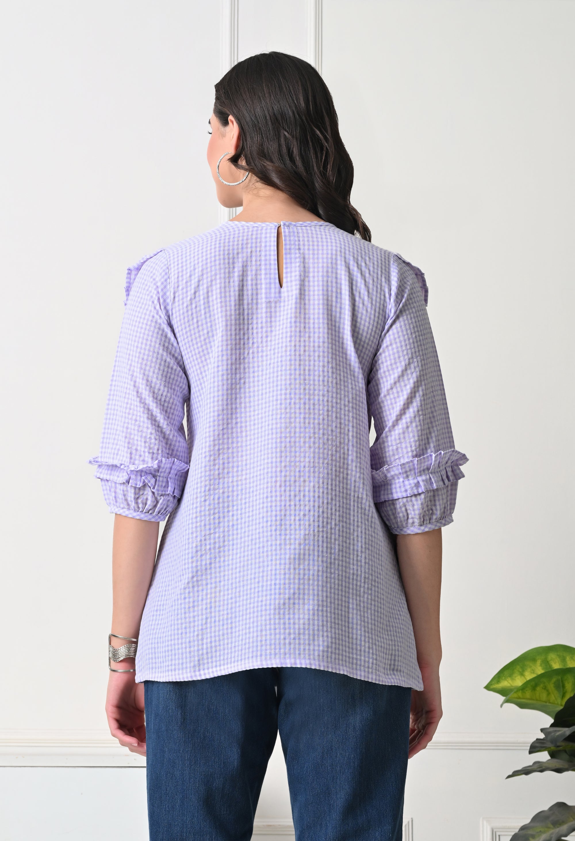 Lavender Gingham Ruffle Top
