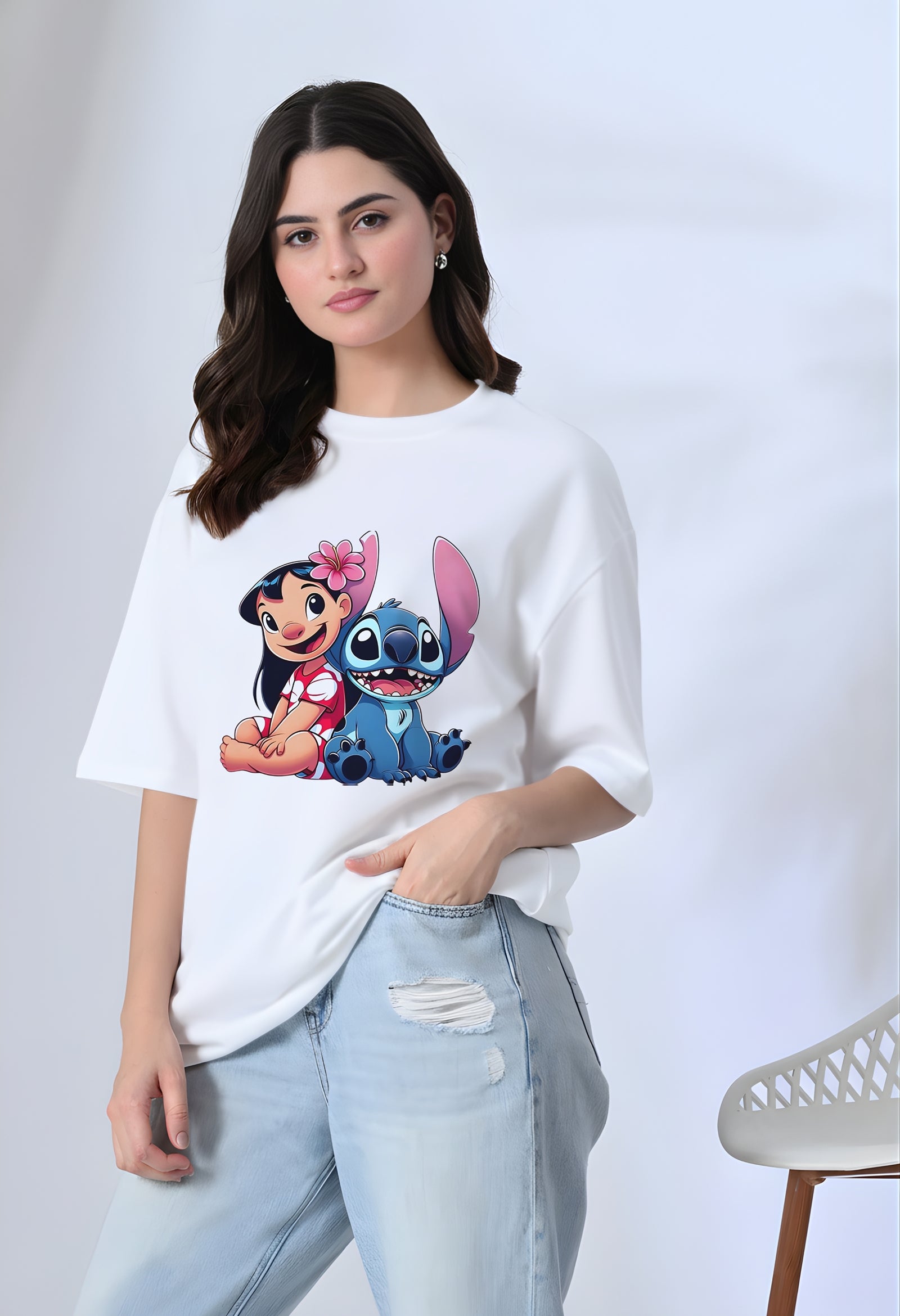 Lilo & Stitch Cute Oversized White T-Shirt