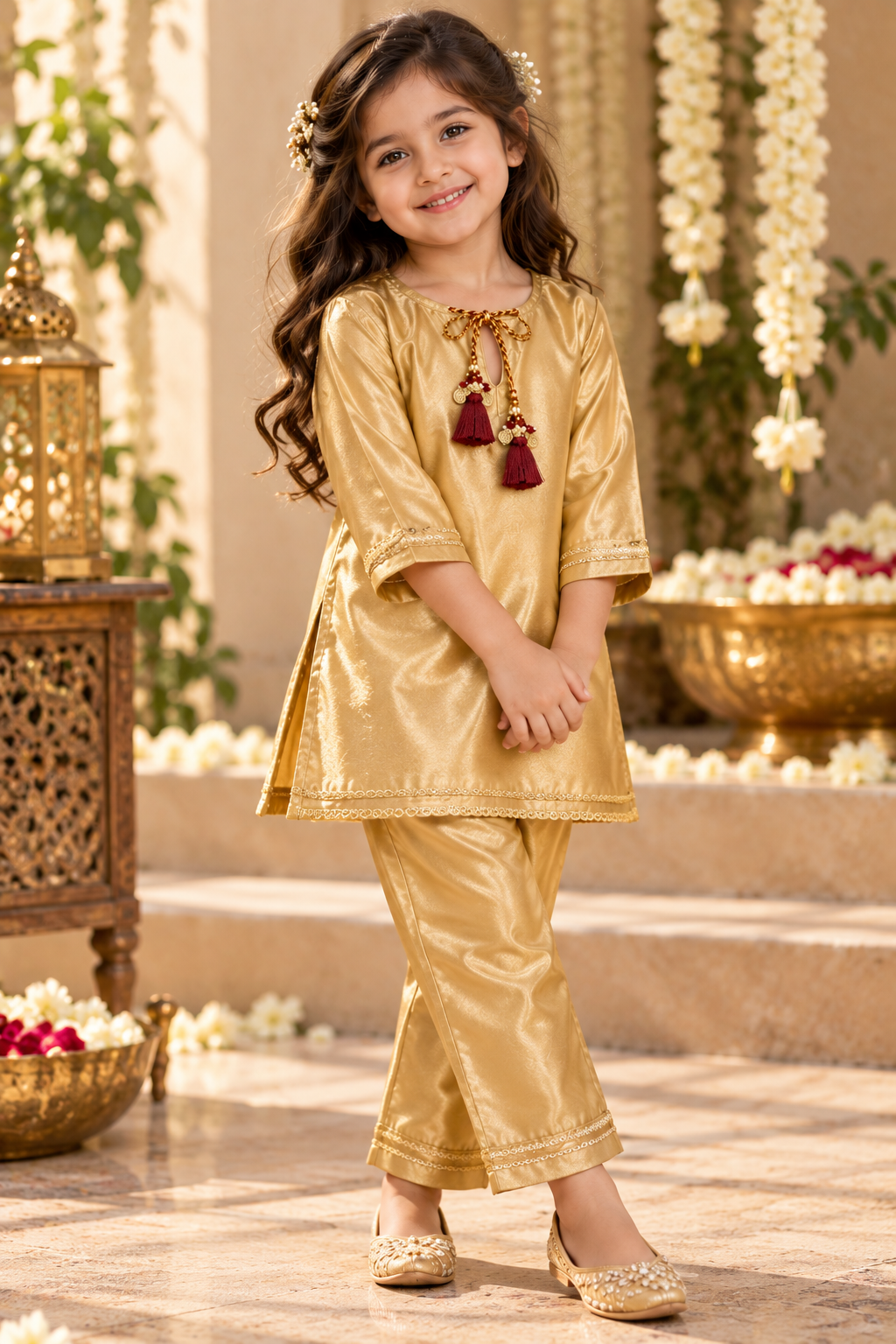 Golden premium Satin Girls’ Kurta Set with Maroon Tassel Detailing