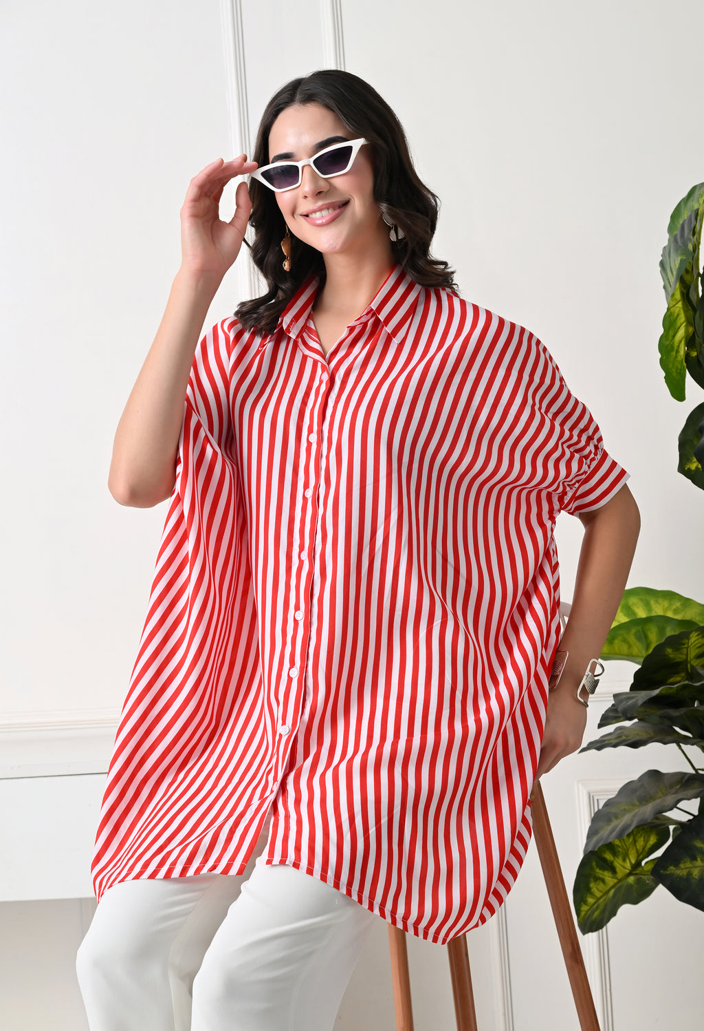 Red & White Striped Oversized tunic set