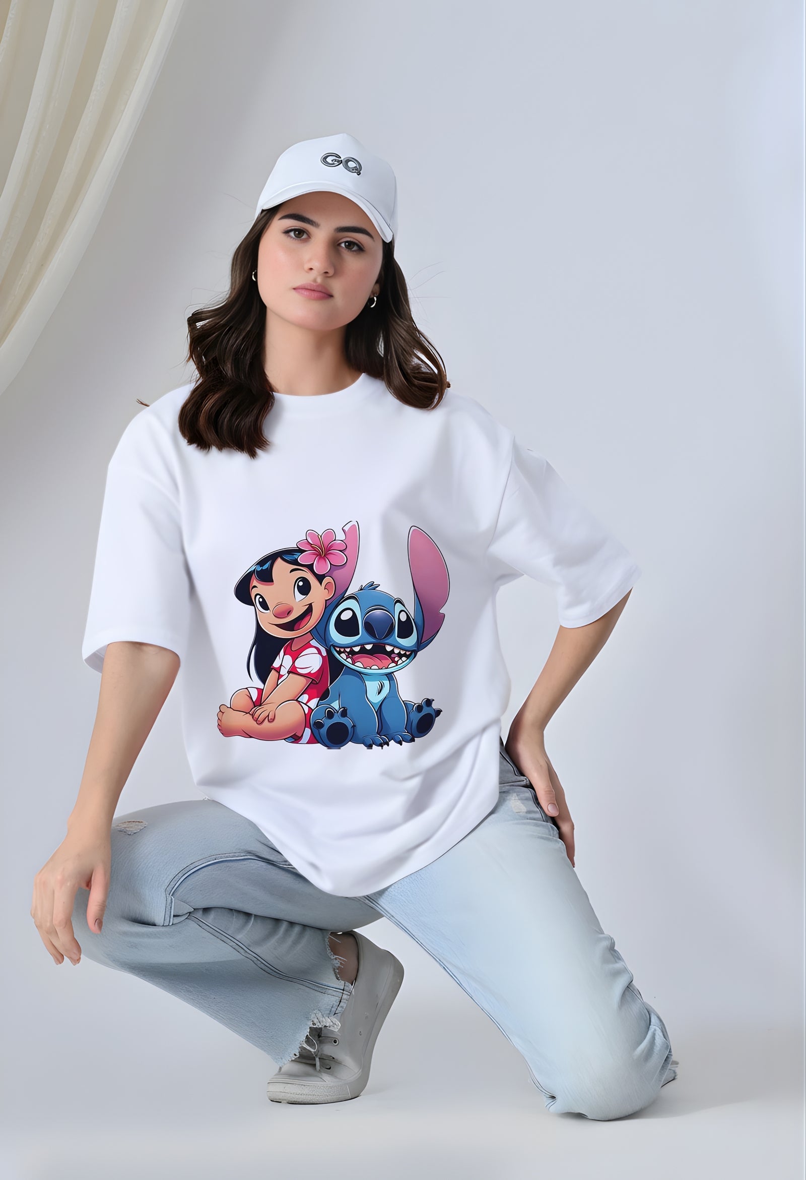 Lilo & Stitch Cute Oversized White T-Shirt