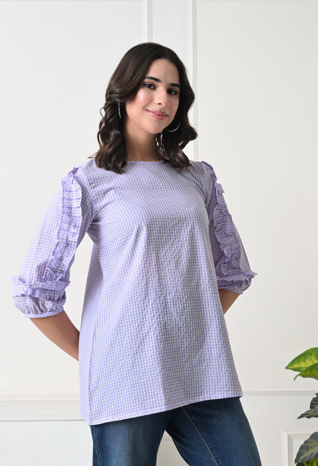Lavender Gingham Ruffle Top