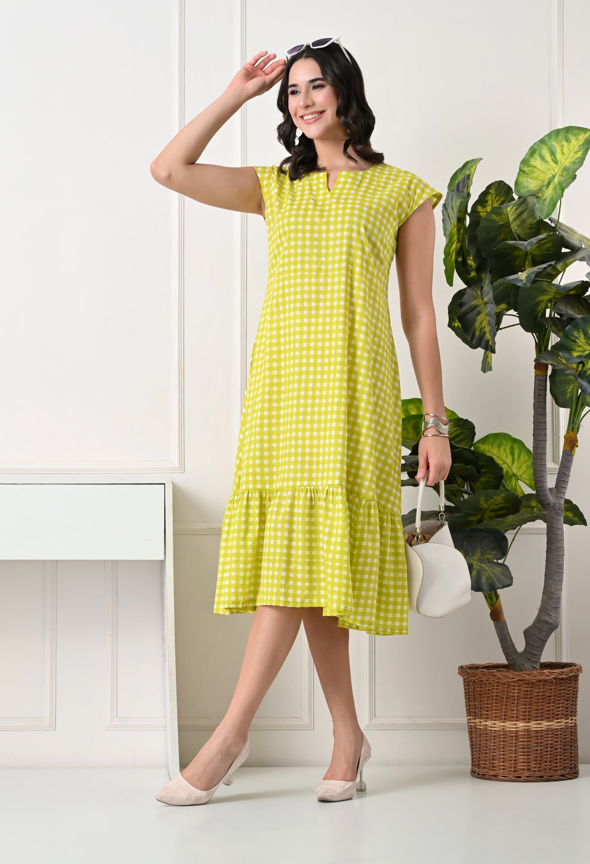 Lime Green Checked Midi Dress
