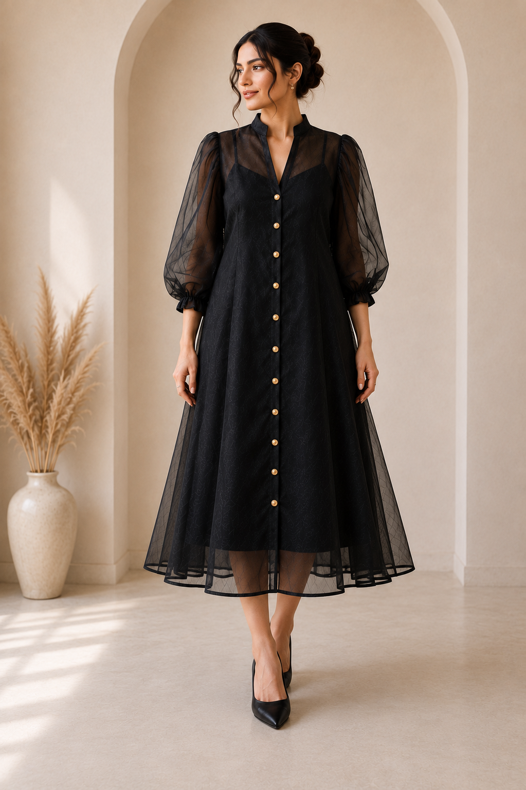 Diamanté Luxury Edition – Black Organza Elegance Midi Dress