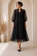 Diamanté Luxury Edition – Black Organza Elegance Midi Dress