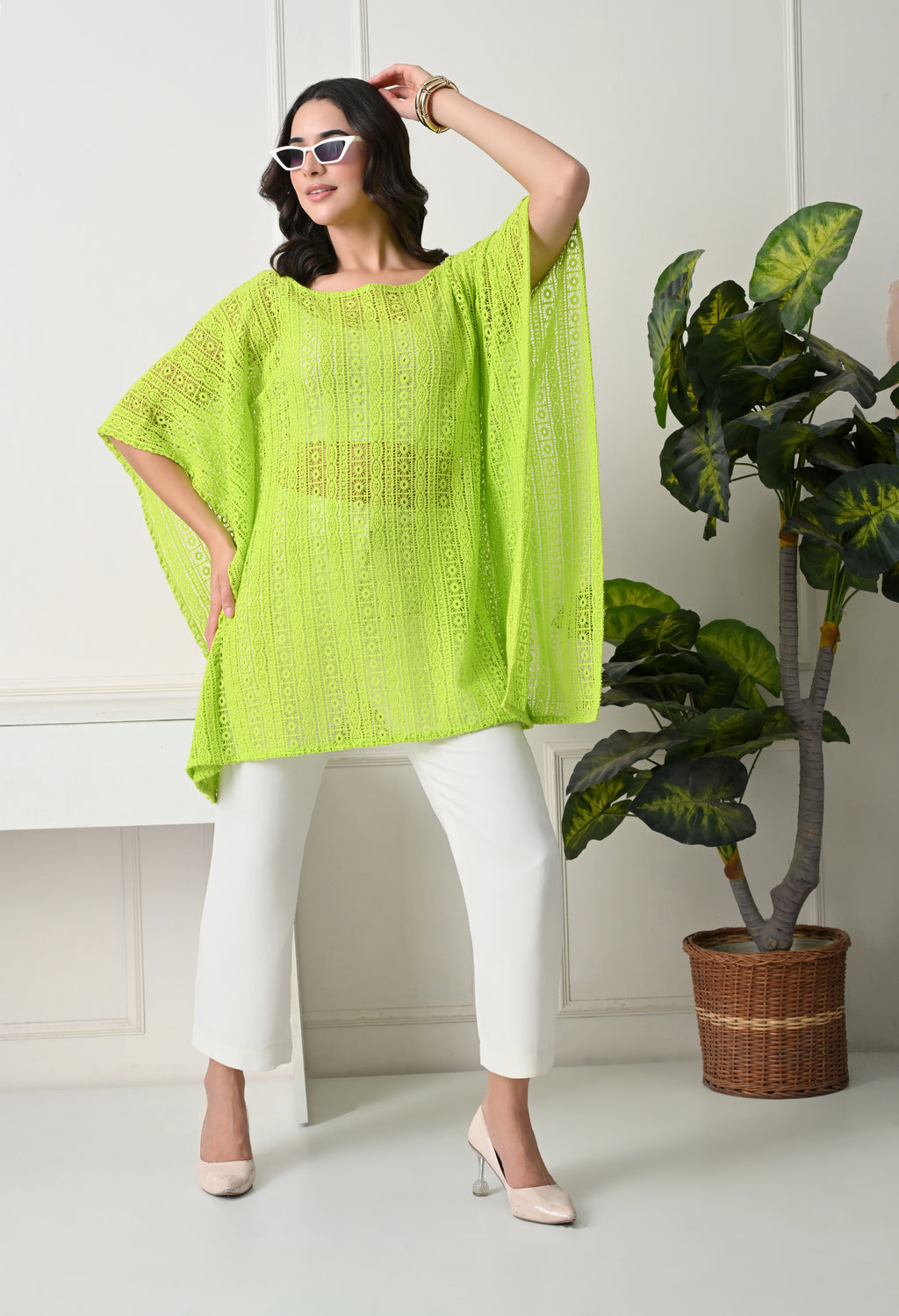 Neon Lime Crochet Kaftan Top