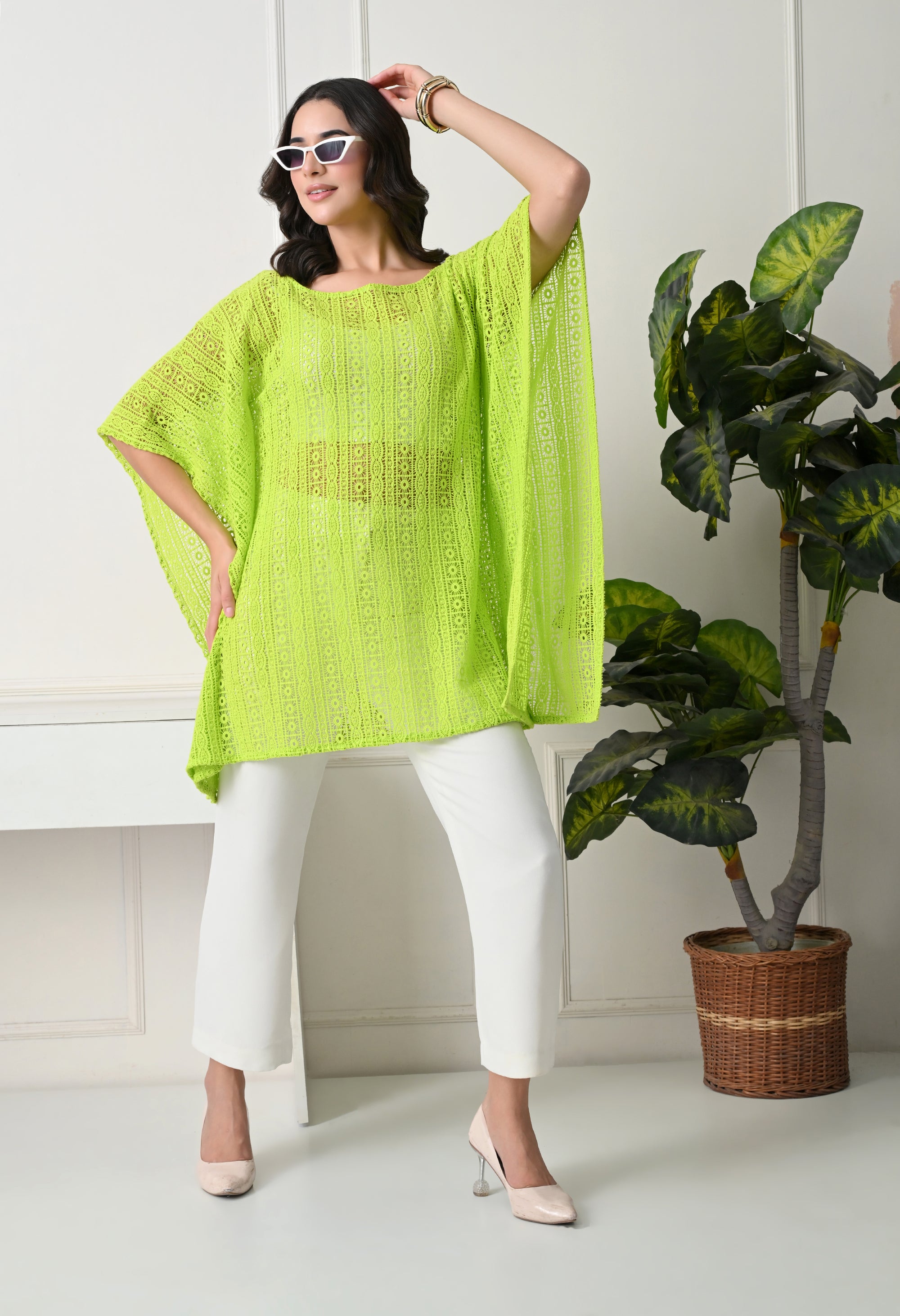 Neon Lime Crochet Kaftan Top