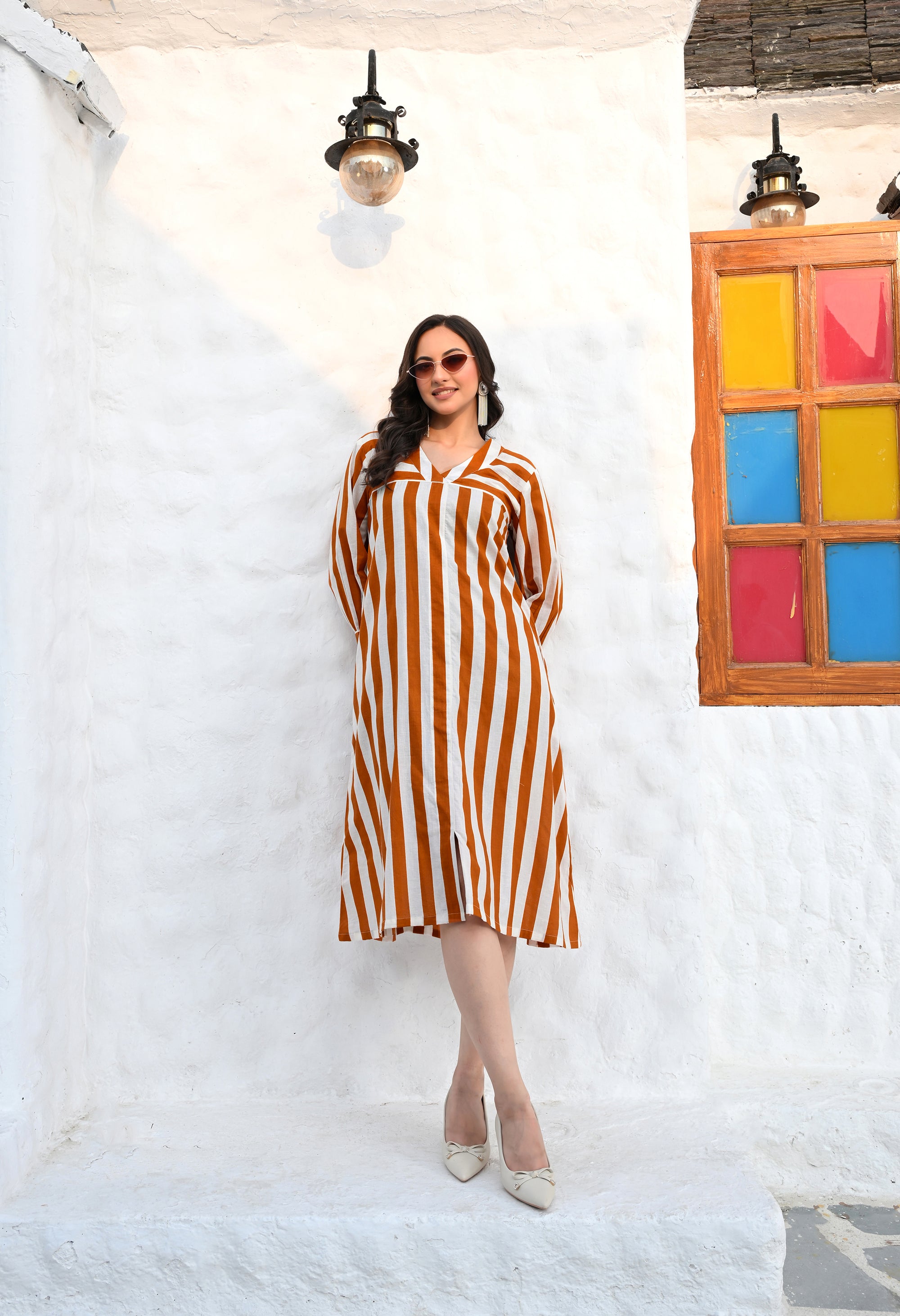 Mustard Stripe Cotton Midi Dress