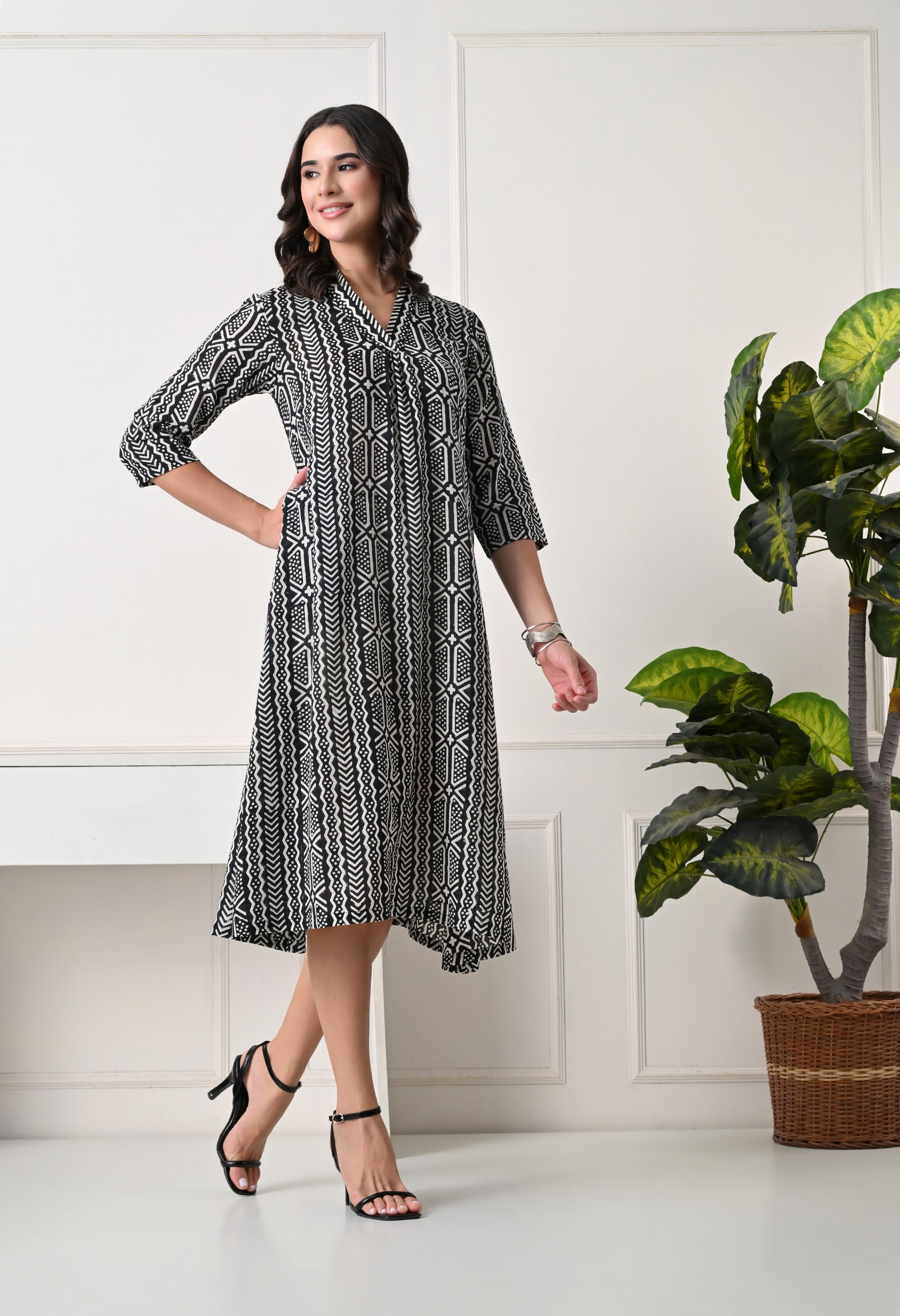 Black & White Printed A-Line Dress