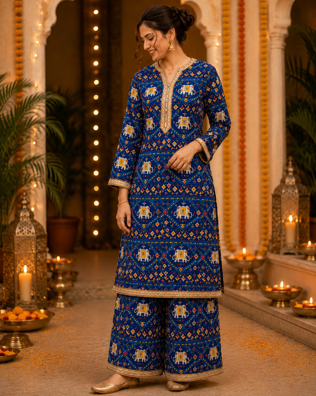 Royal Blue Elephant Print Kurta Palazzo Set