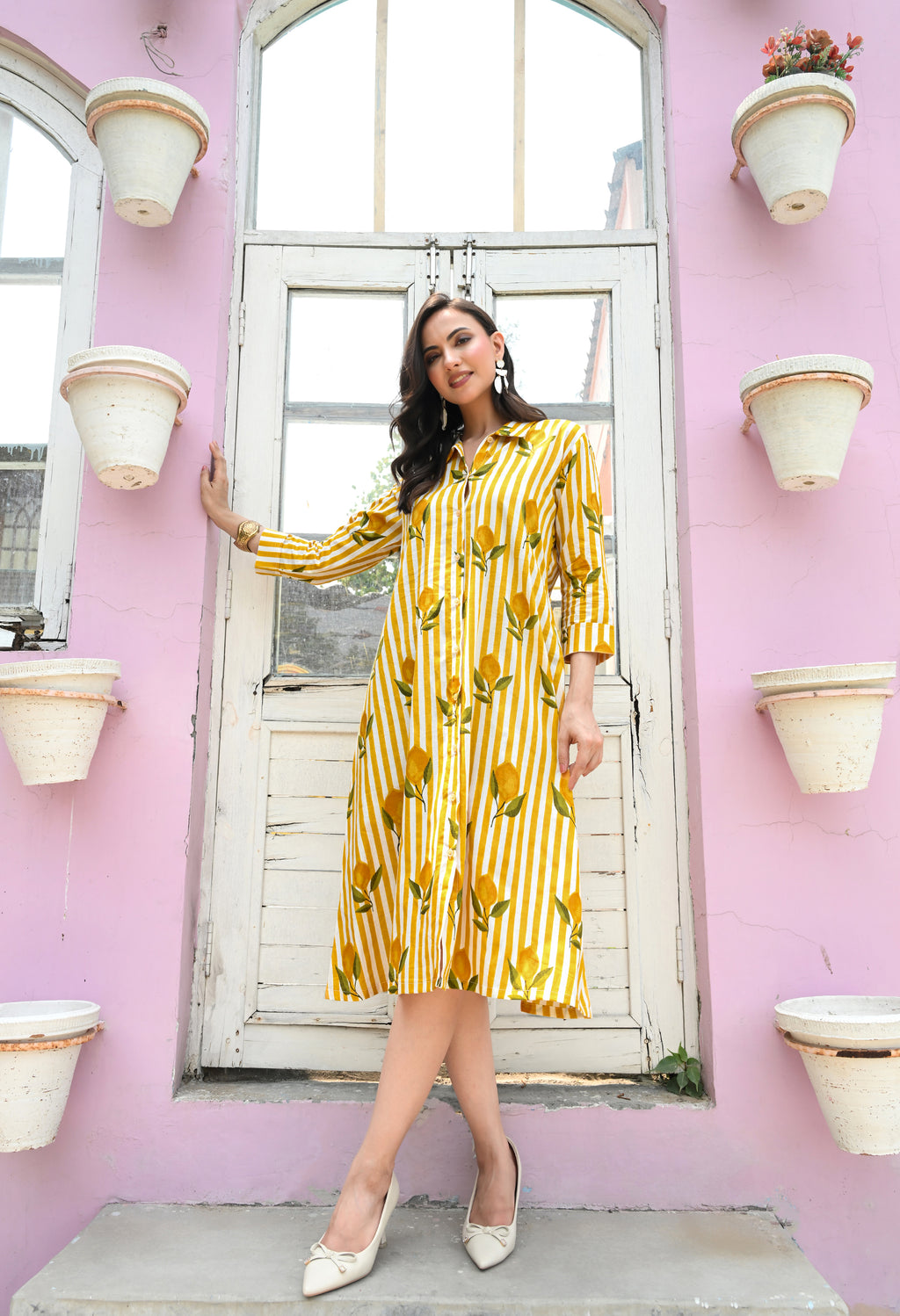 Lemon Strip Print Shirt Dress