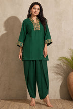 Emerald handwork on neck and hand Green Indo-Western Kurta Set