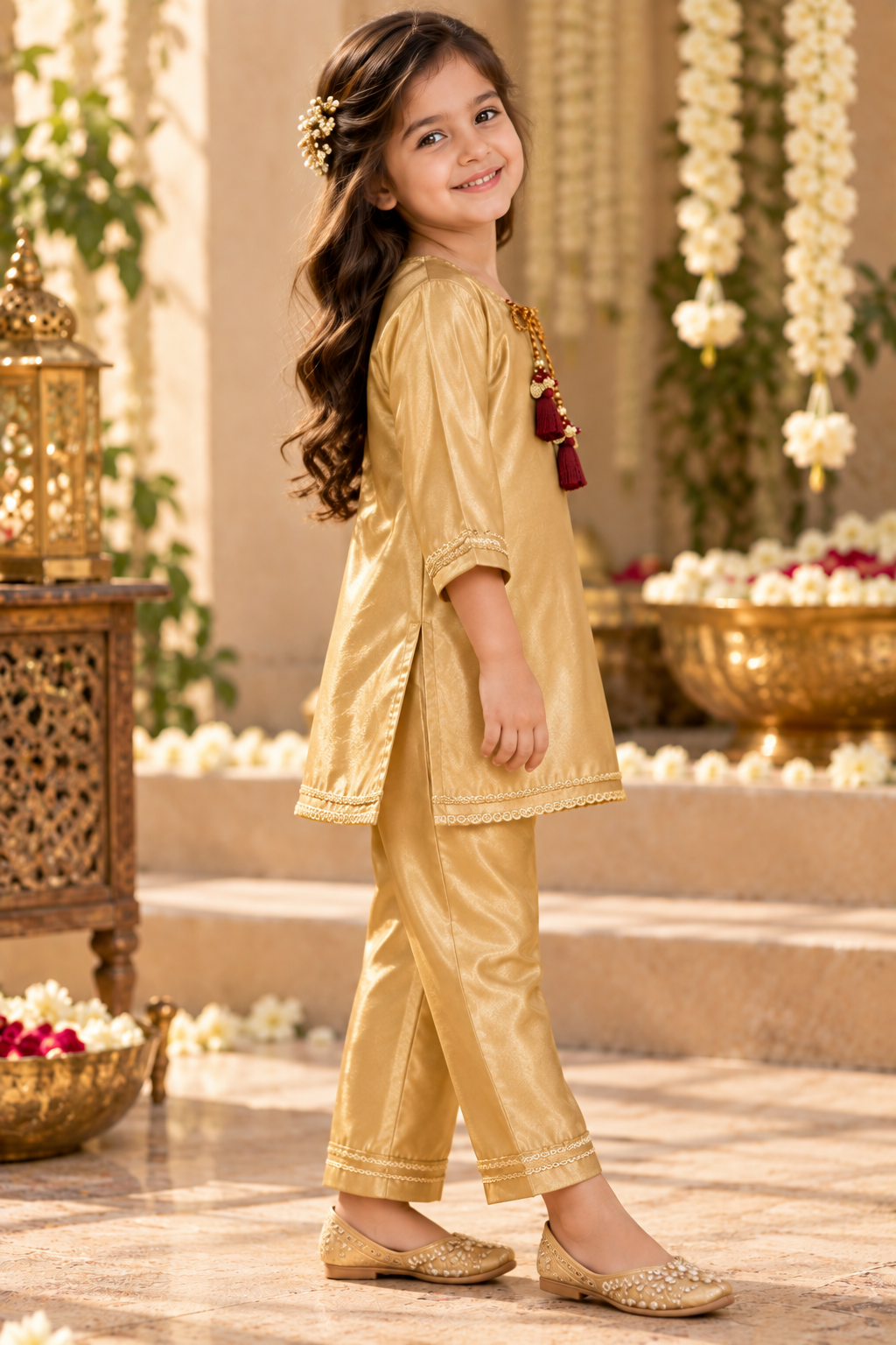 Golden premium Satin Girls’ Kurta Set with Maroon Tassel Detailing