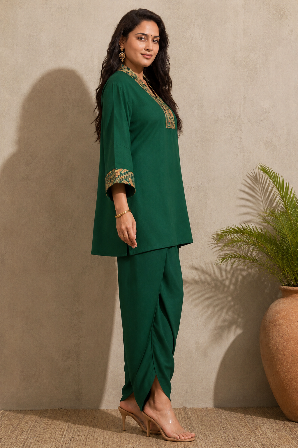 Emerald handwork on neck and hand Green Indo-Western Kurta Set