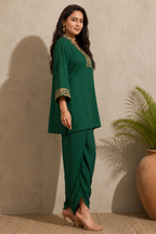 Emerald handwork on neck and hand Green Indo-Western Kurta Set