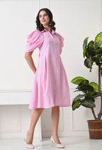 Pink Striped Puff Sleeve Dress