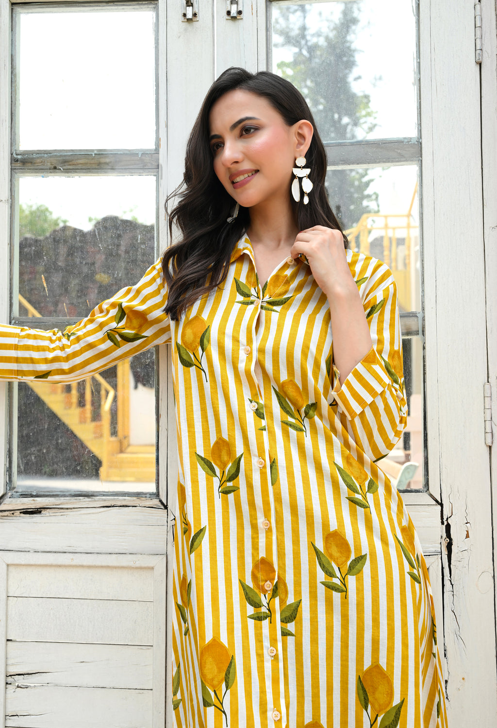 Lemon Strip Print Shirt Dress