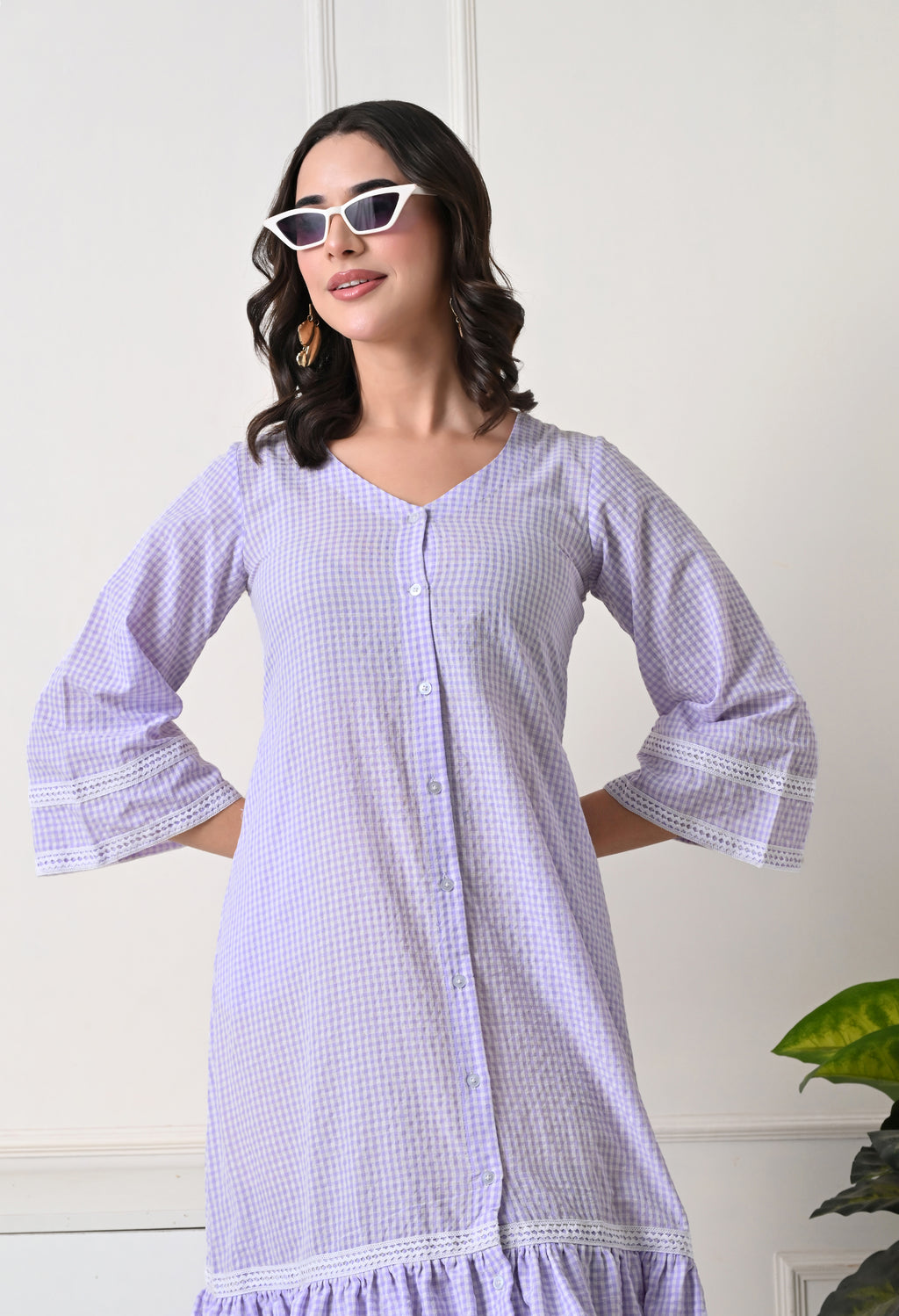 Lavender Gingham Tiered Midi Dress