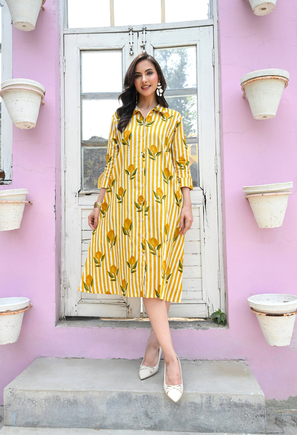 Lemon Strip Print Shirt Dress