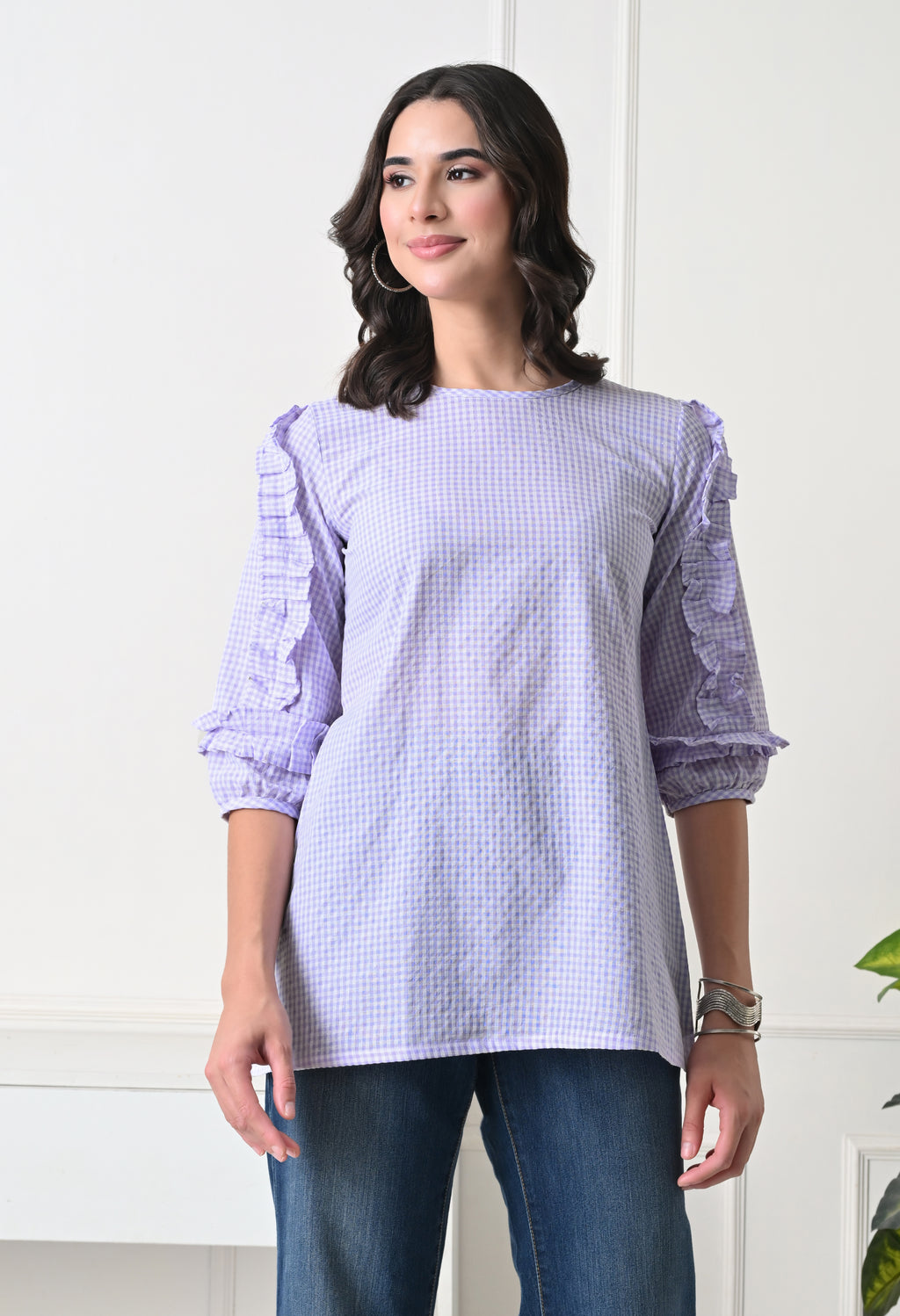 Lavender Gingham Ruffle Top