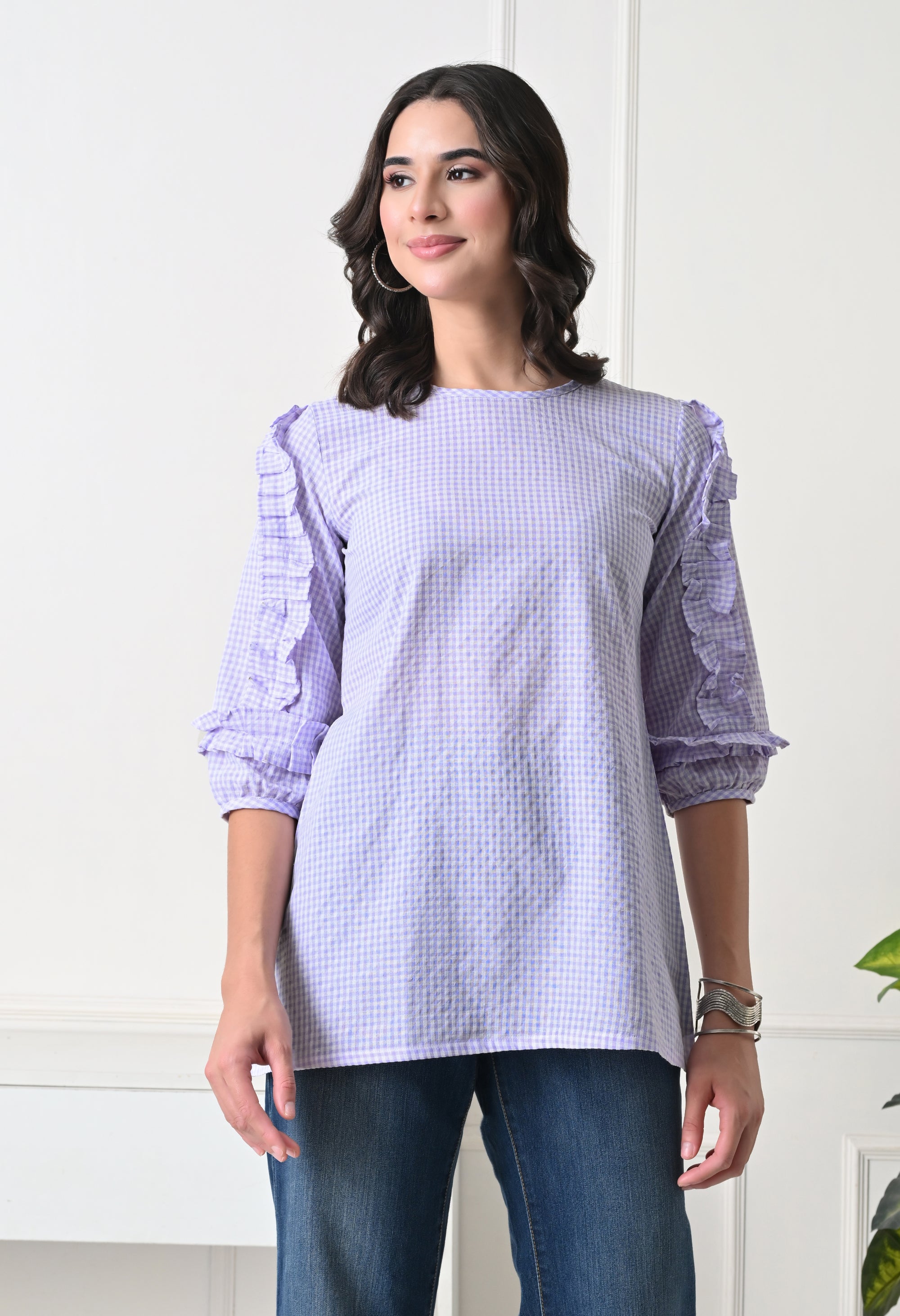 Lavender Gingham Ruffle Top