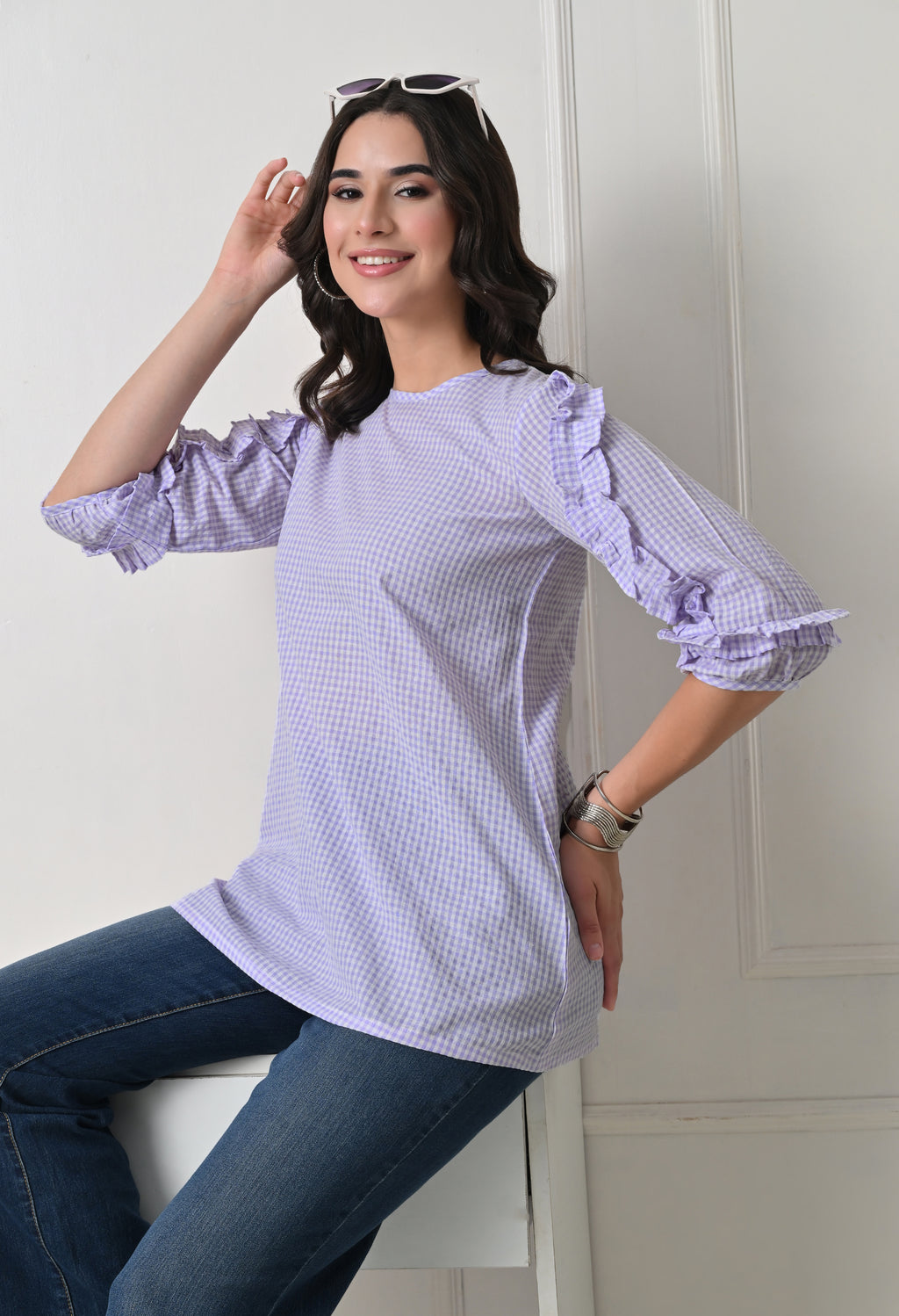 Lavender Gingham Ruffle Top
