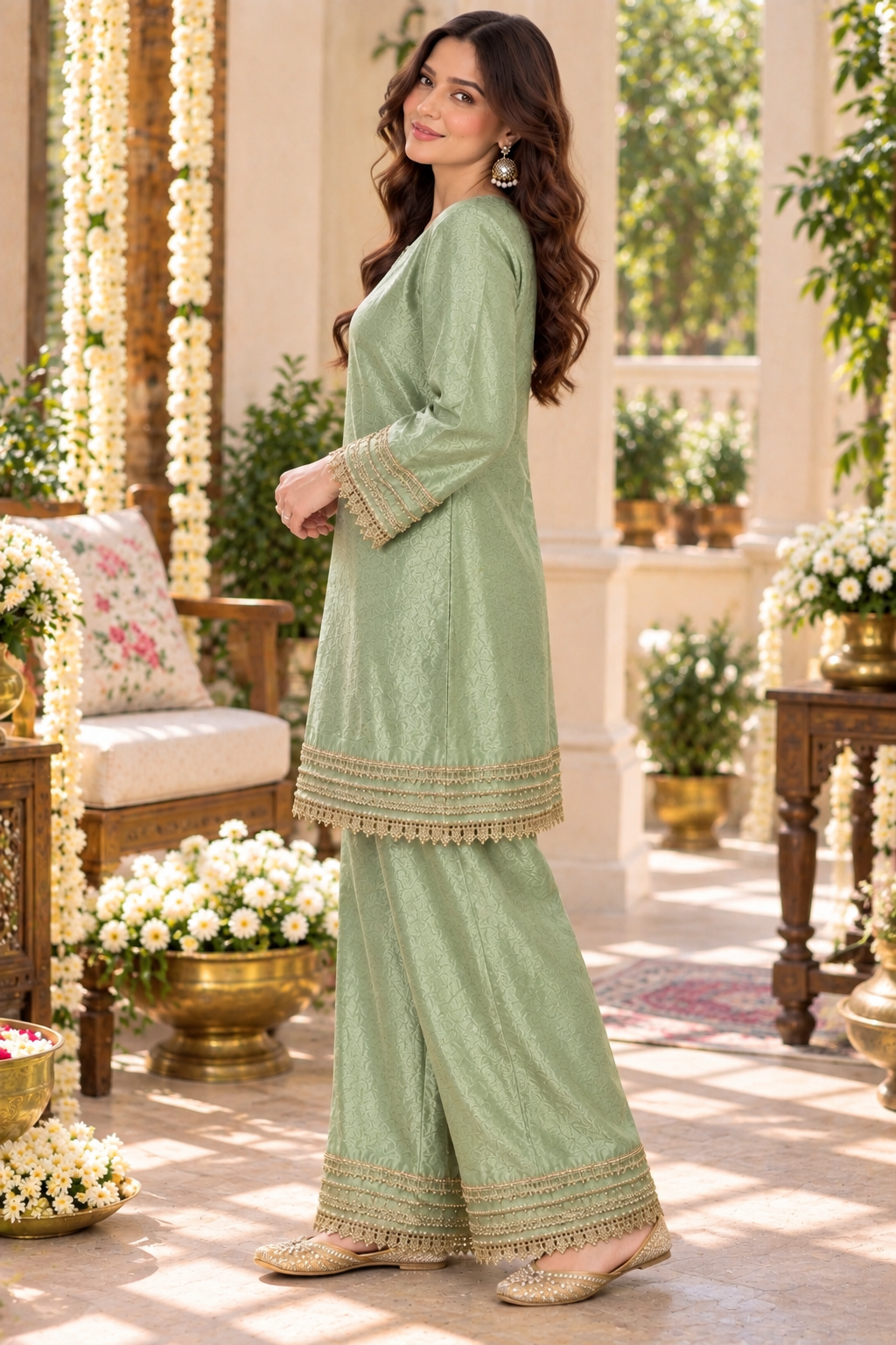 Farsi Gold-Green Kurta Set with Farshi Pants