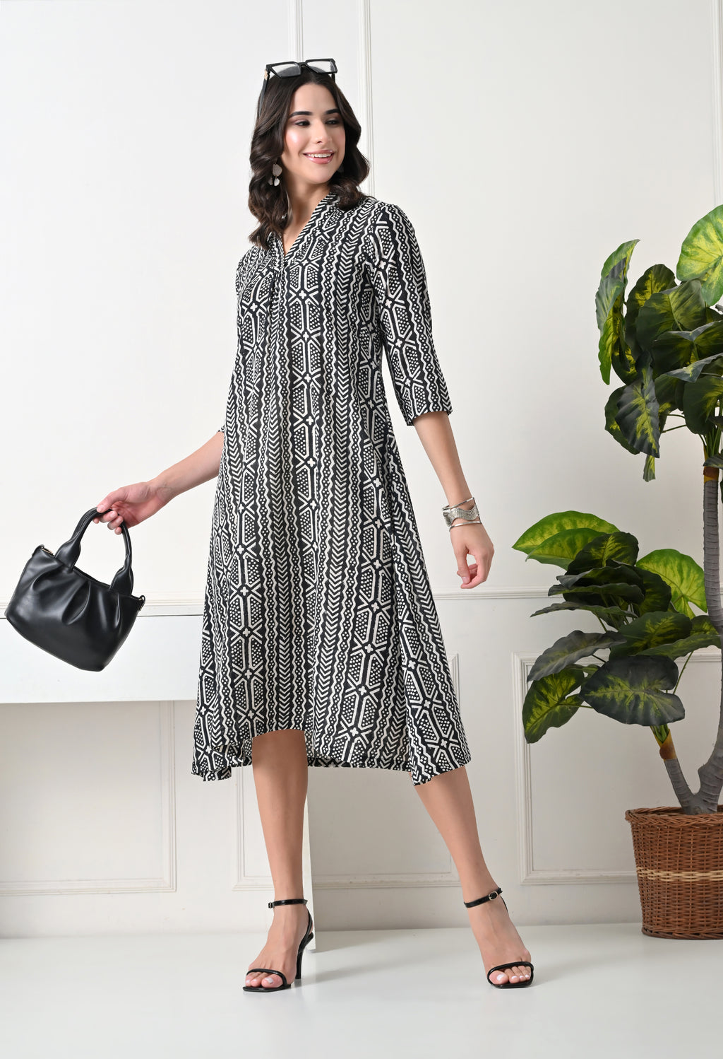 Black & White Printed A-Line Dress