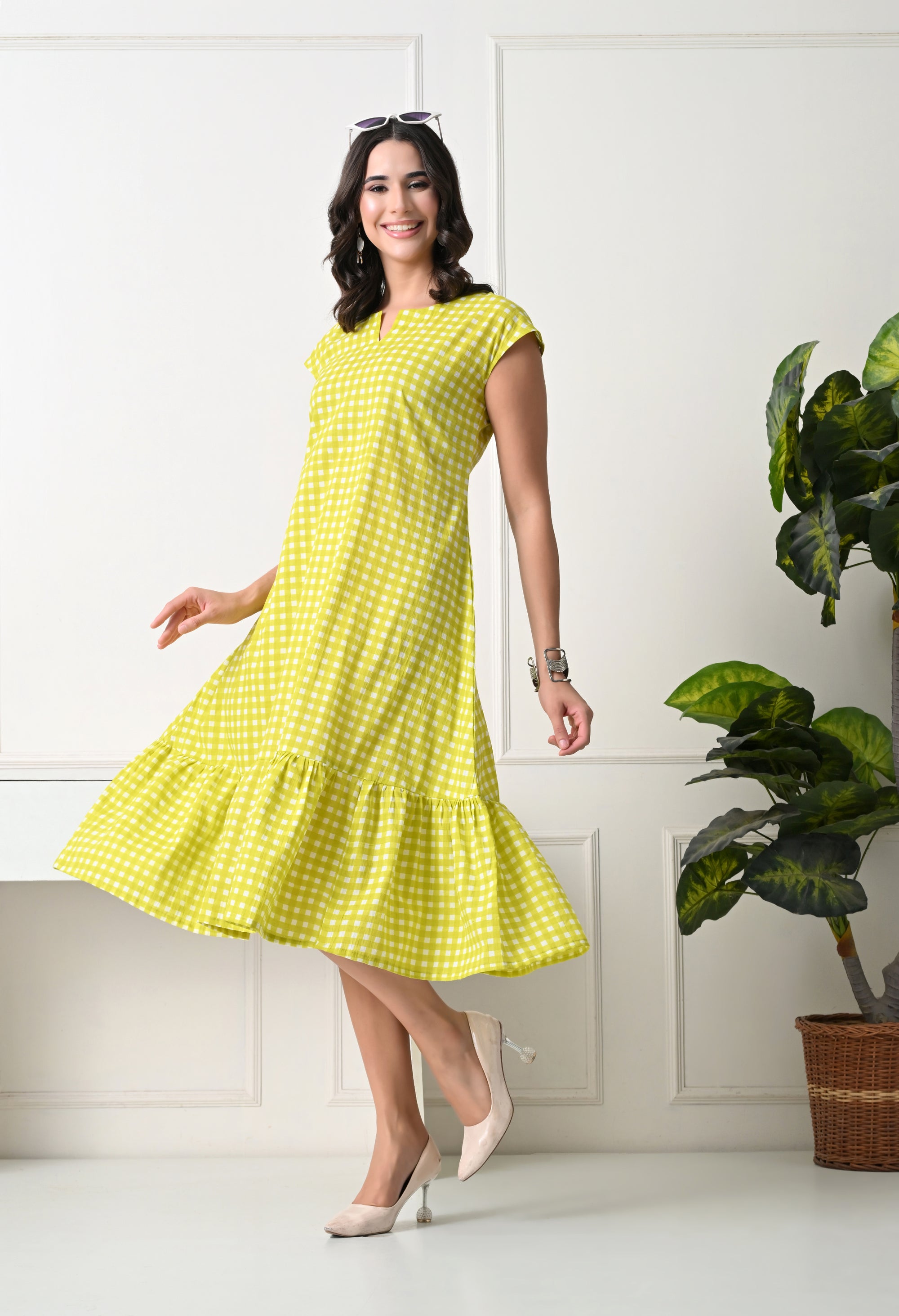 Lime Green Checked Midi Dress