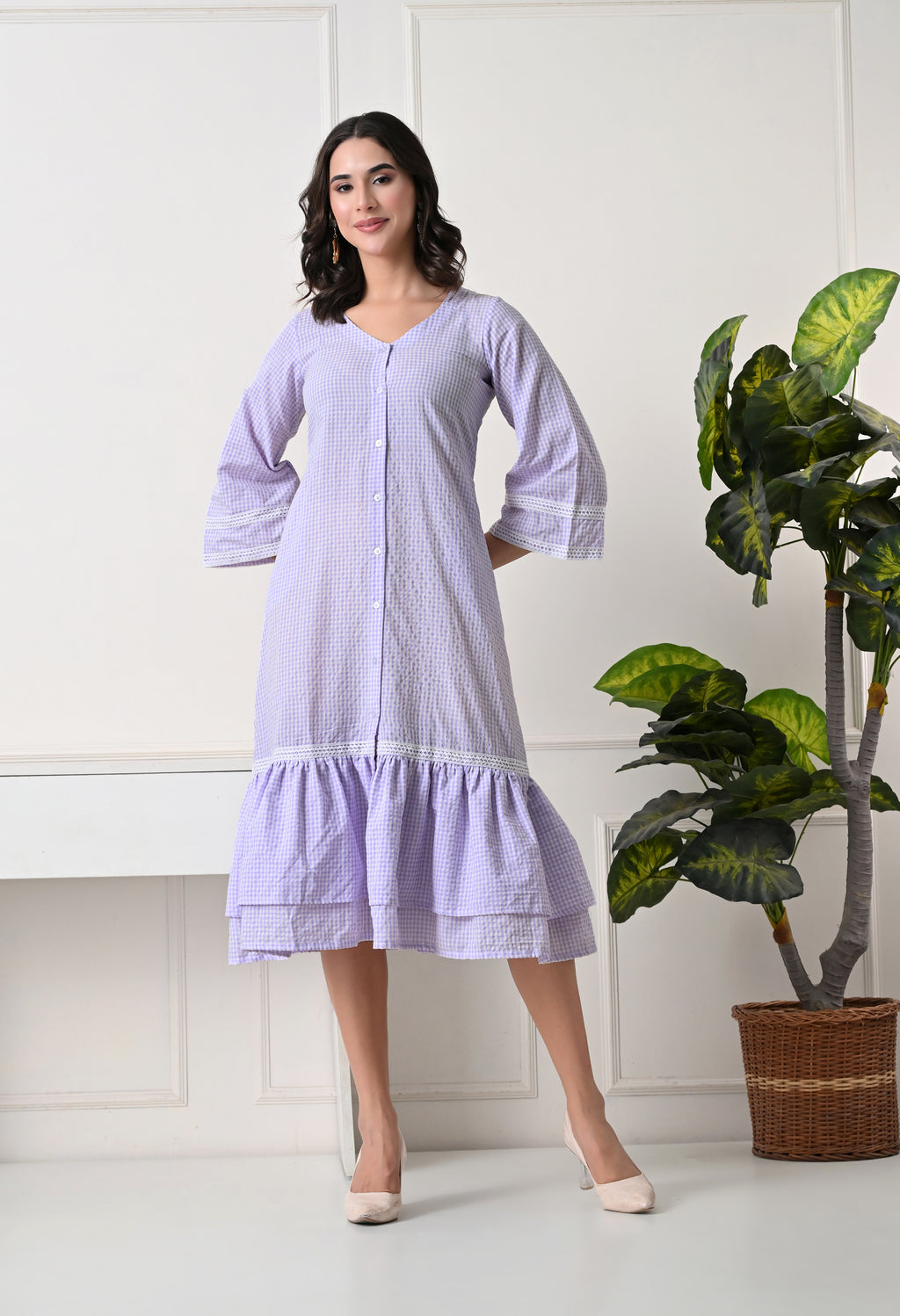 Lavender Gingham Tiered Midi Dress