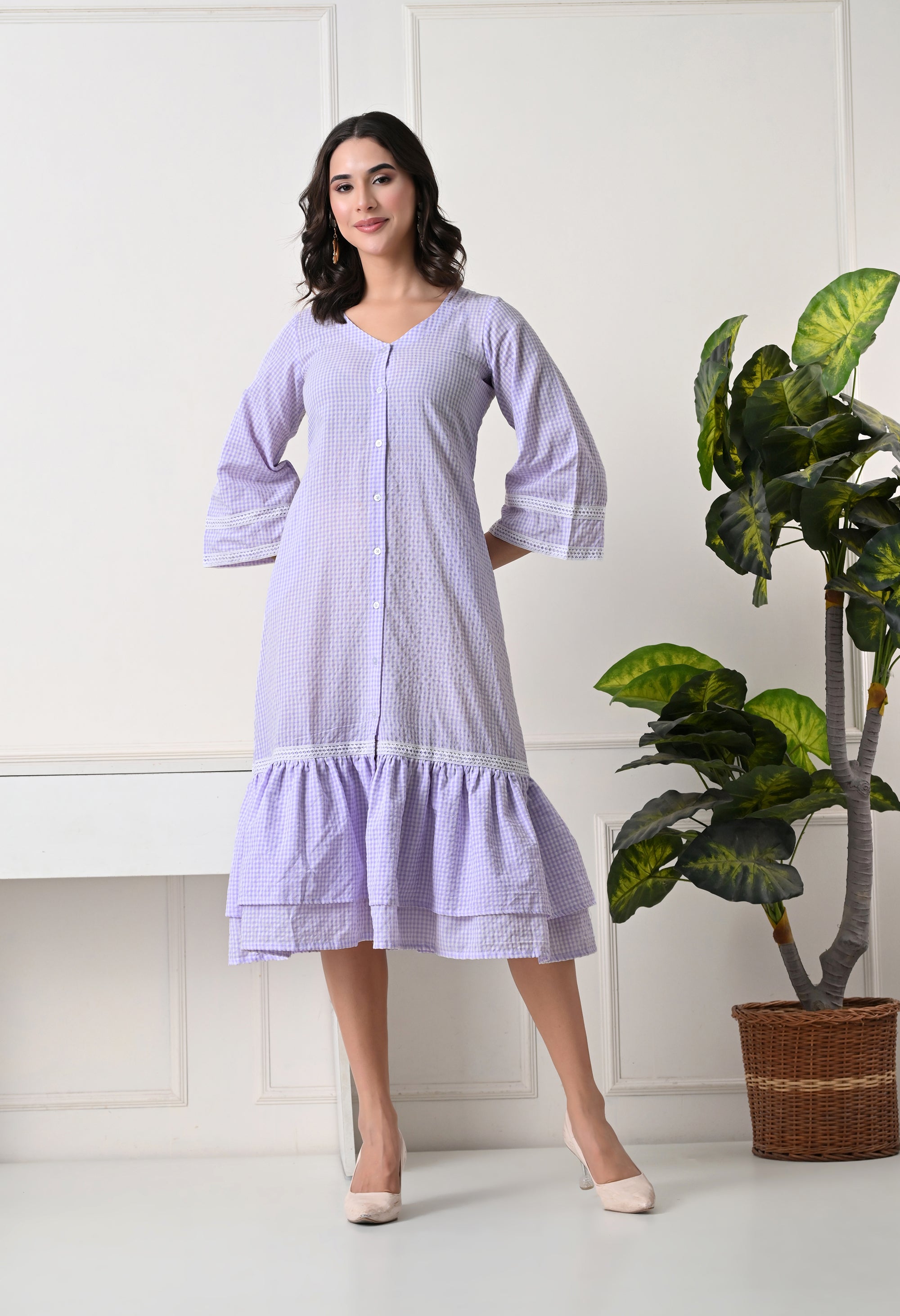 Lavender Gingham Tiered Midi Dress