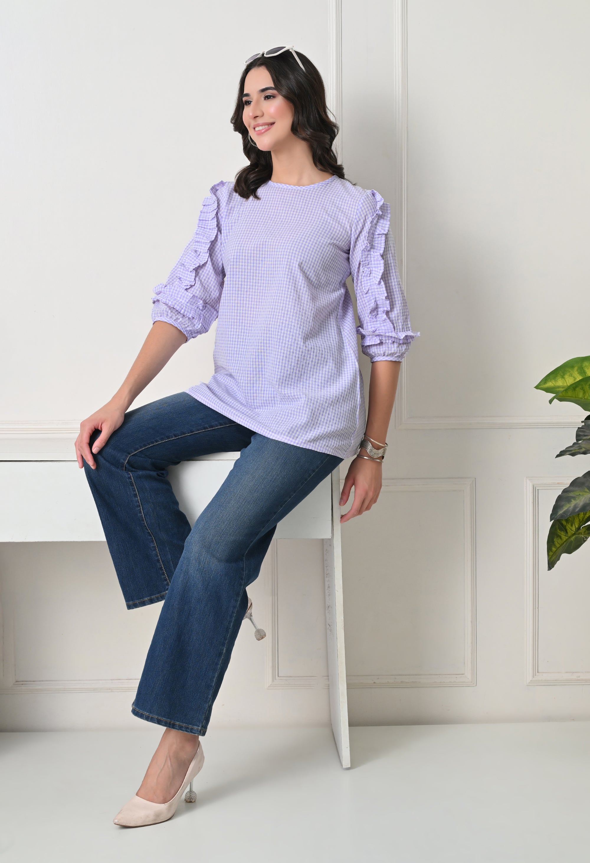 Lavender Gingham Ruffle Top