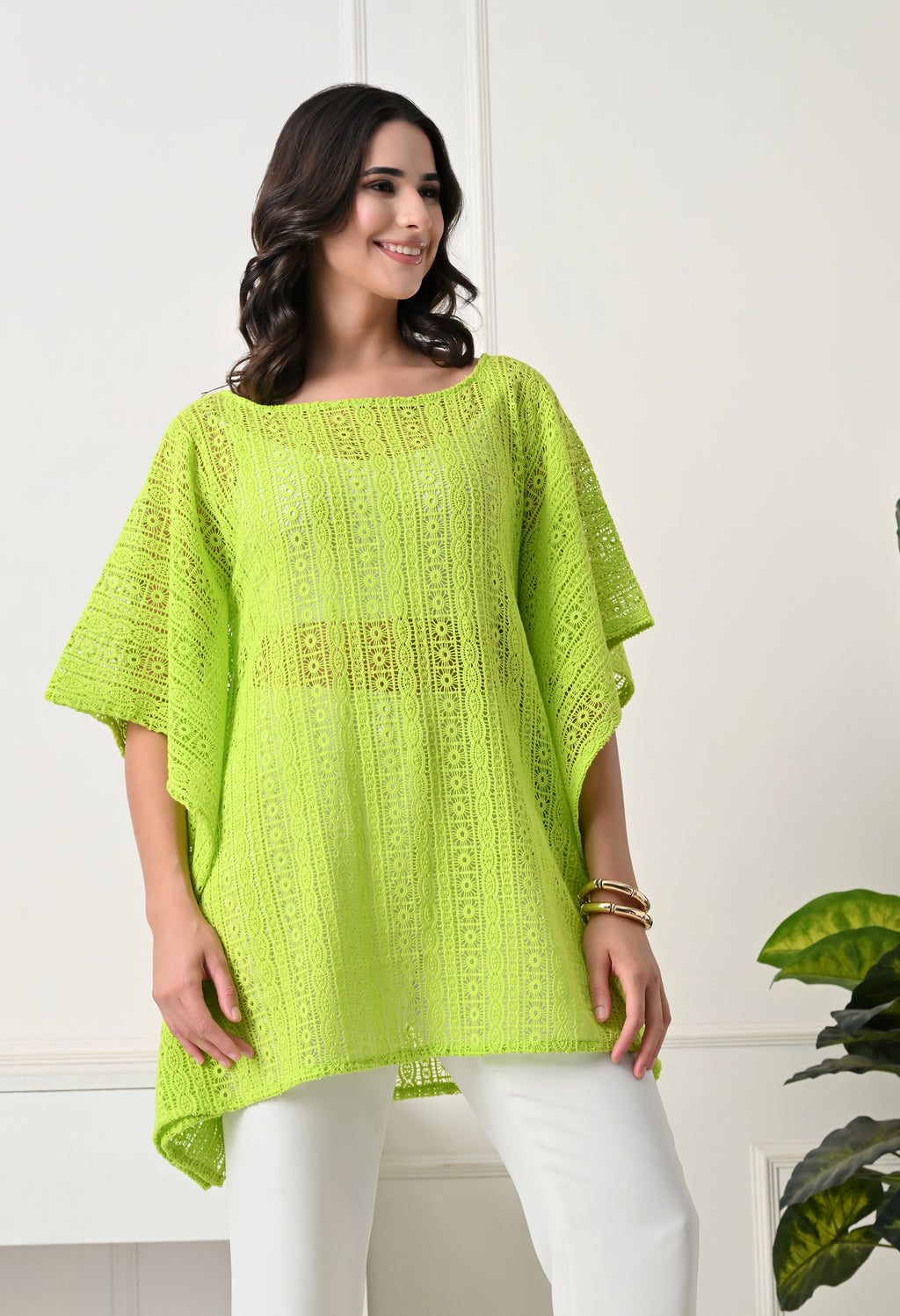 Neon Lime Crochet Kaftan Top